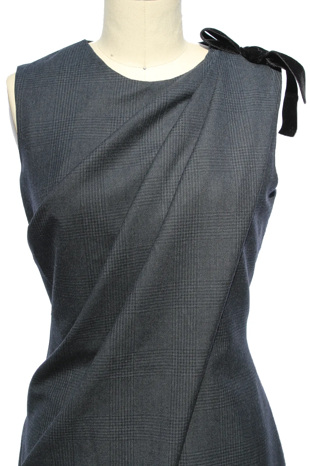 Draped Navy Plaid Wool Suiting Dress