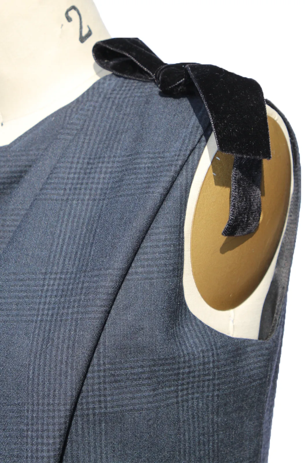 Draped Navy Plaid Wool Suiting Dress
