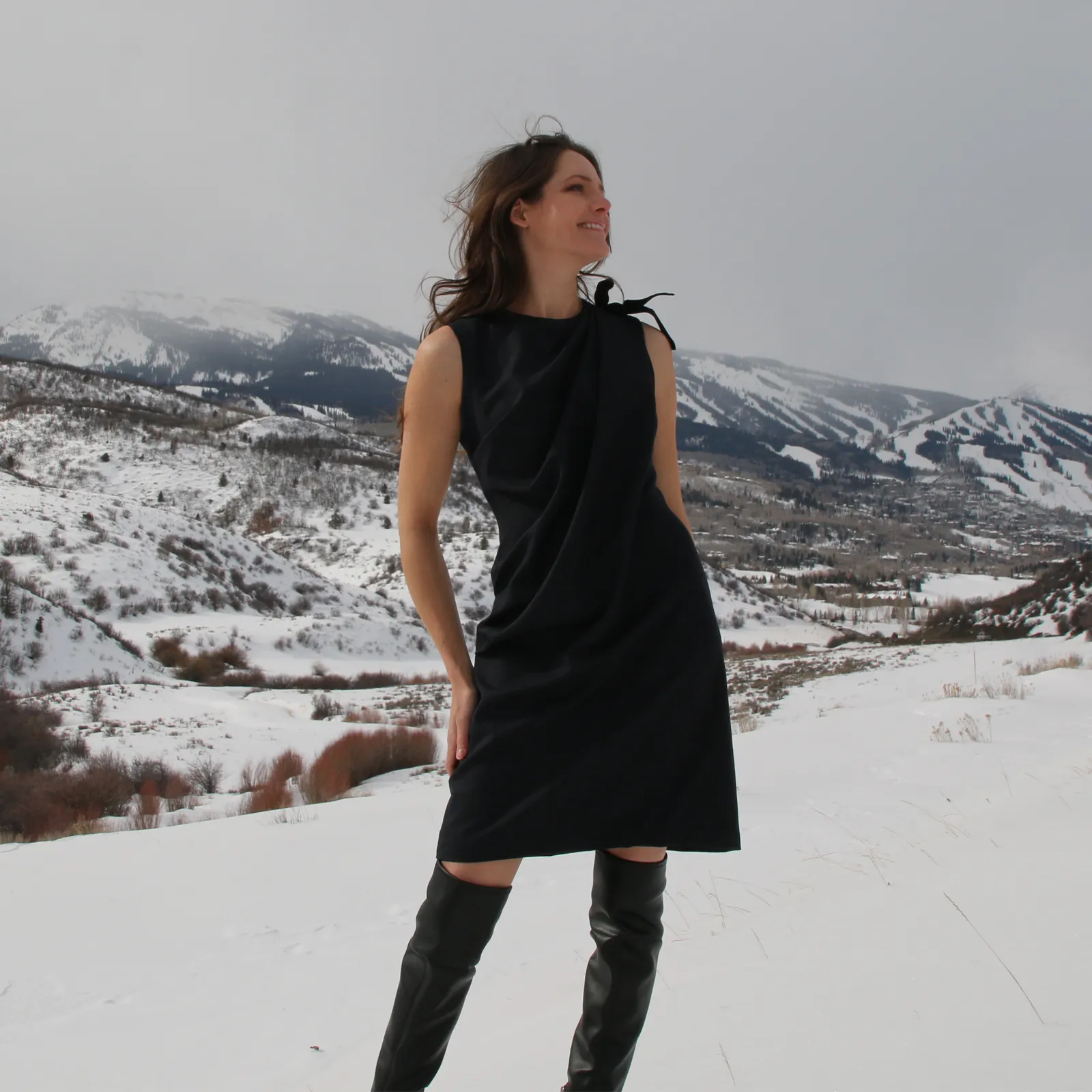 Draped Navy Plaid Wool Suiting Dress