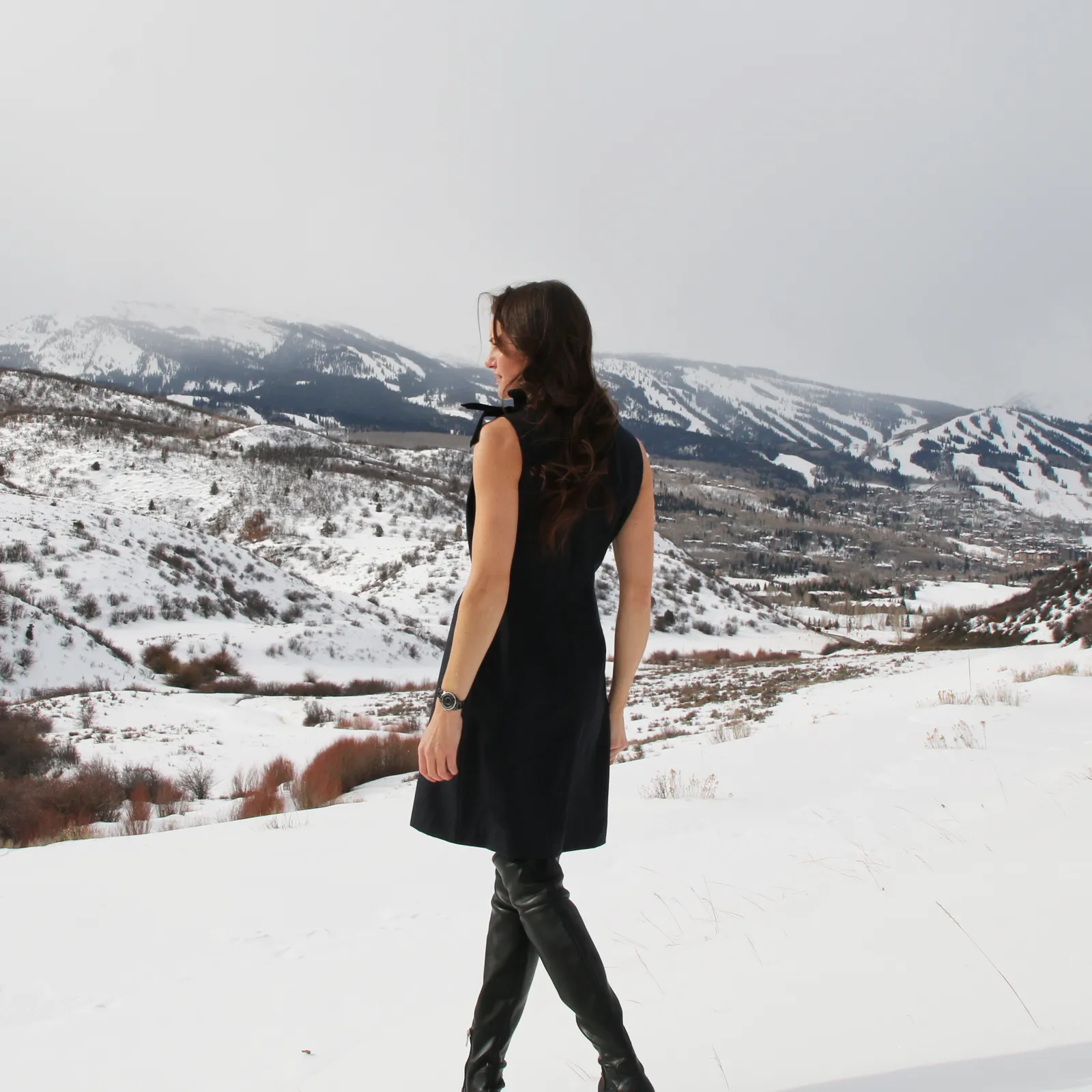 Draped Navy Plaid Wool Suiting Dress
