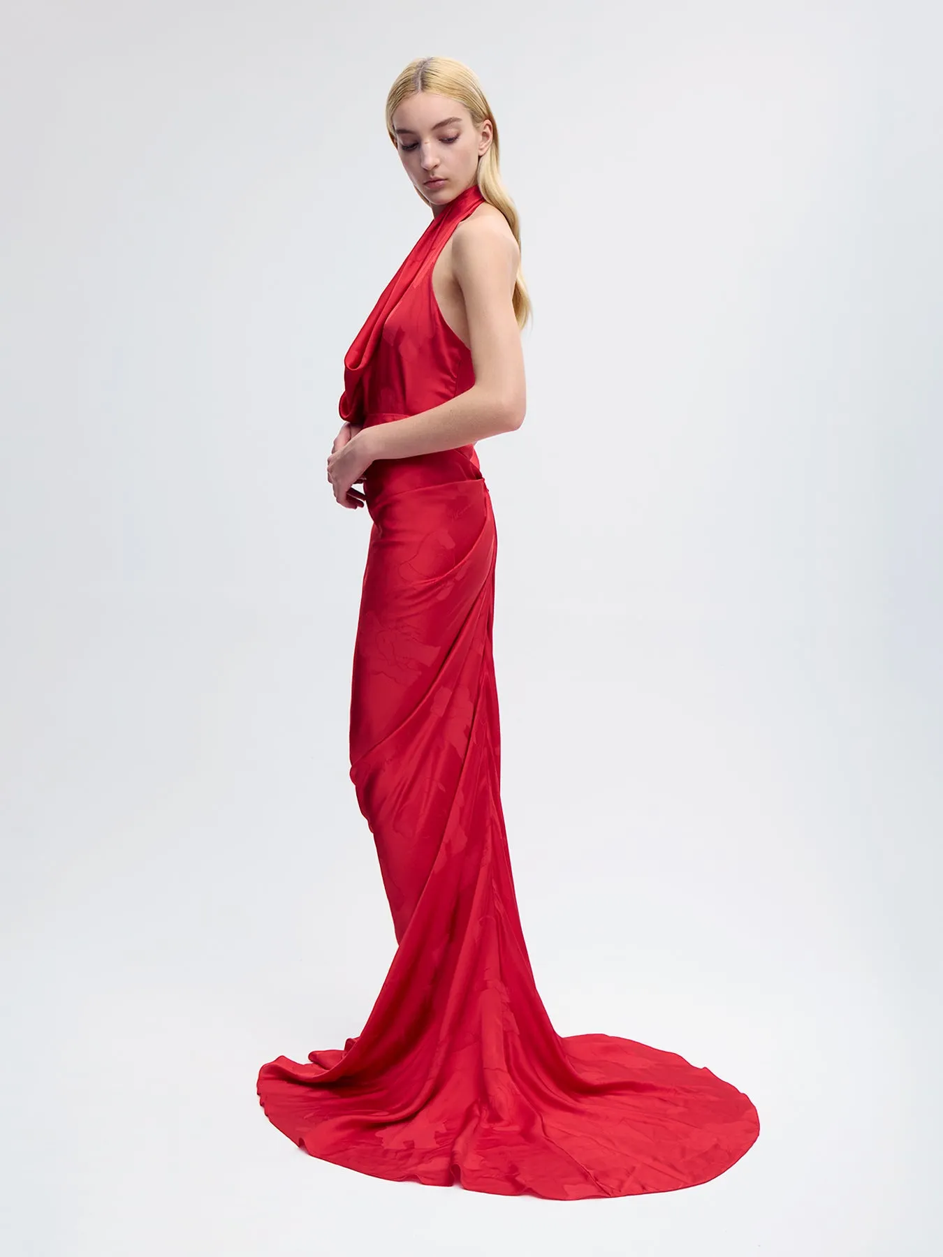 Draped Silk Halter Blouse in Red