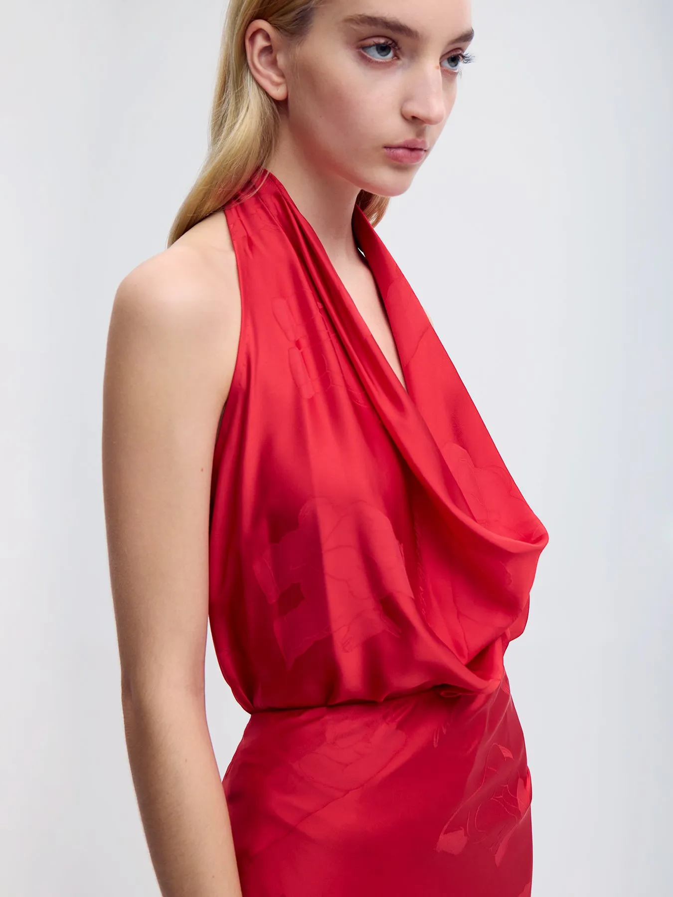 Draped Silk Halter Blouse in Red