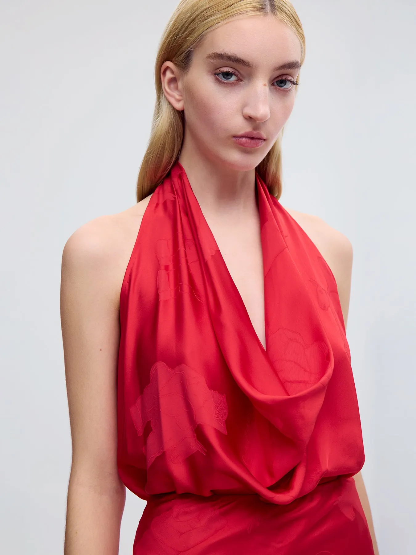 Draped Silk Halter Blouse in Red