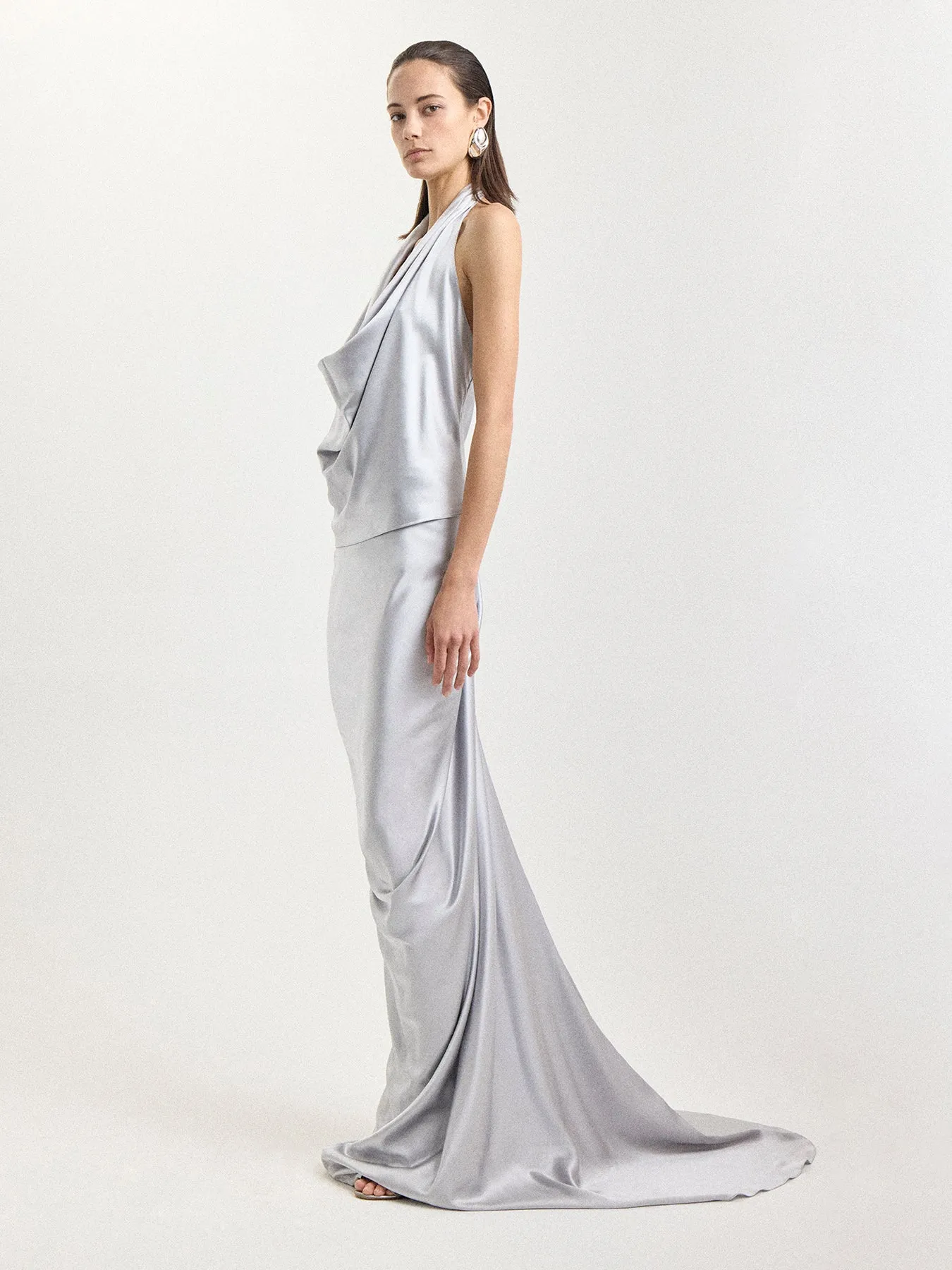 Draped Silk Halter Blouse in Silver