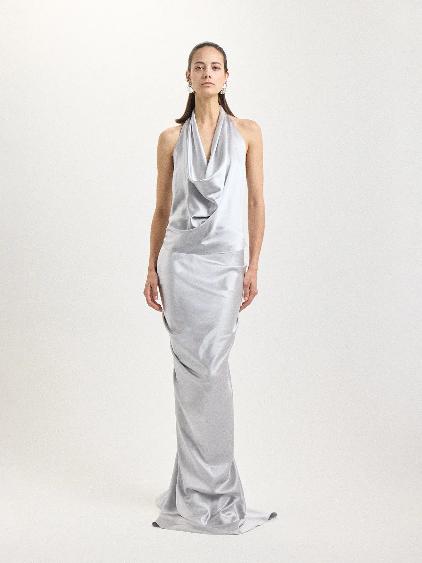 Draped Silk Halter Blouse in Silver