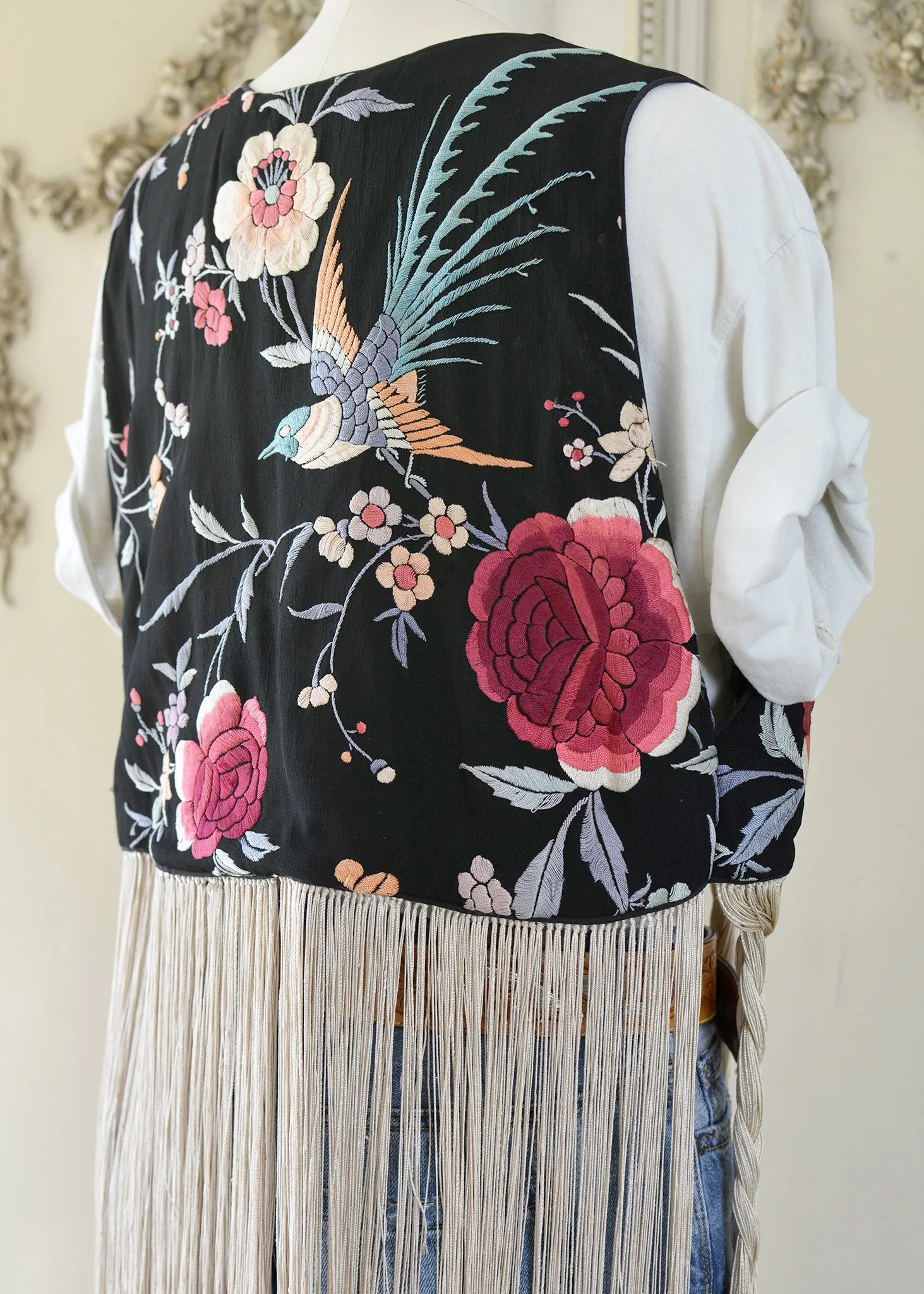 Effie Hand Embroidered Antique Silk Birds Bolero Vest with Opulent Silk Fringes