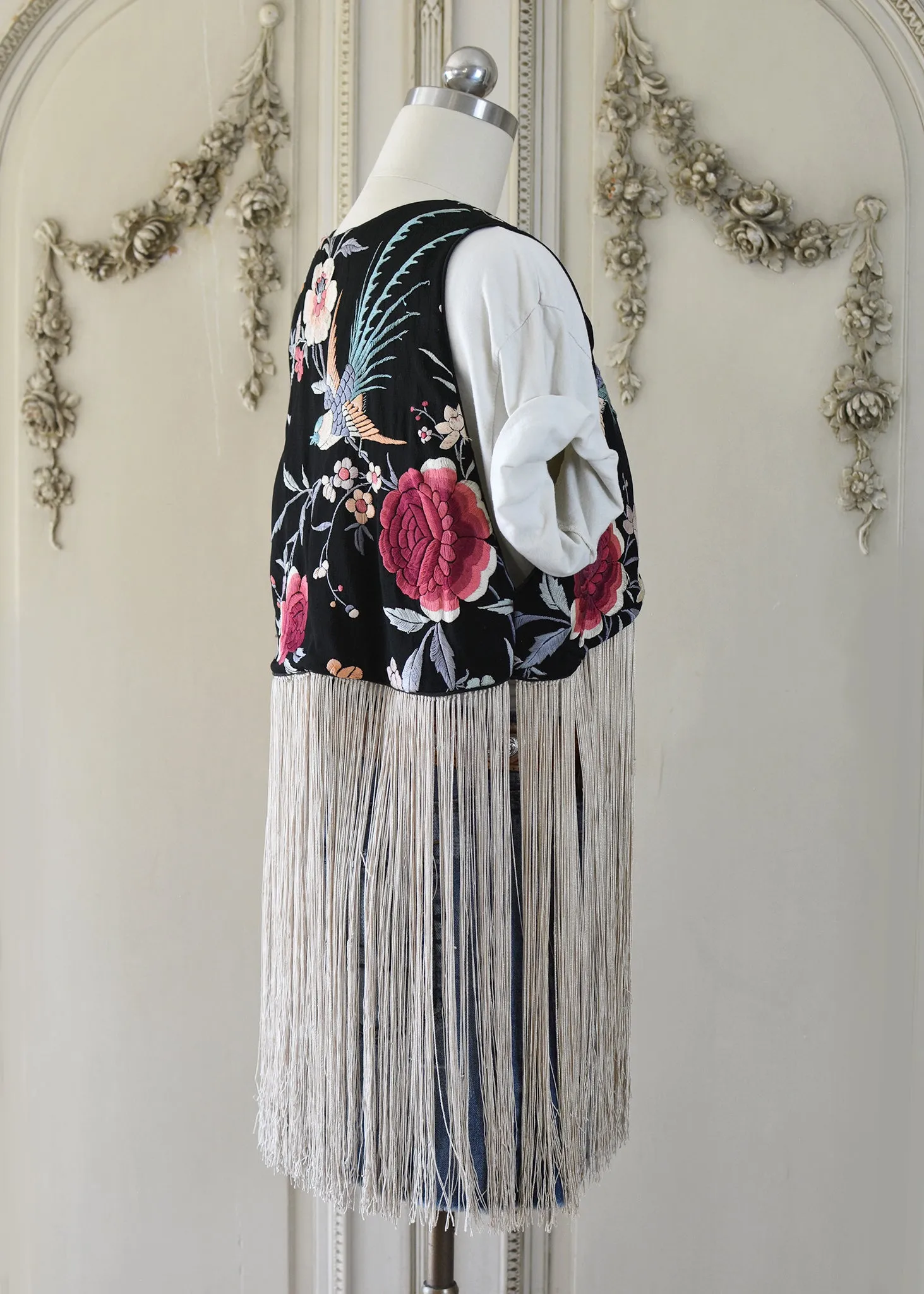 Effie Hand Embroidered Antique Silk Birds Bolero Vest with Opulent Silk Fringes