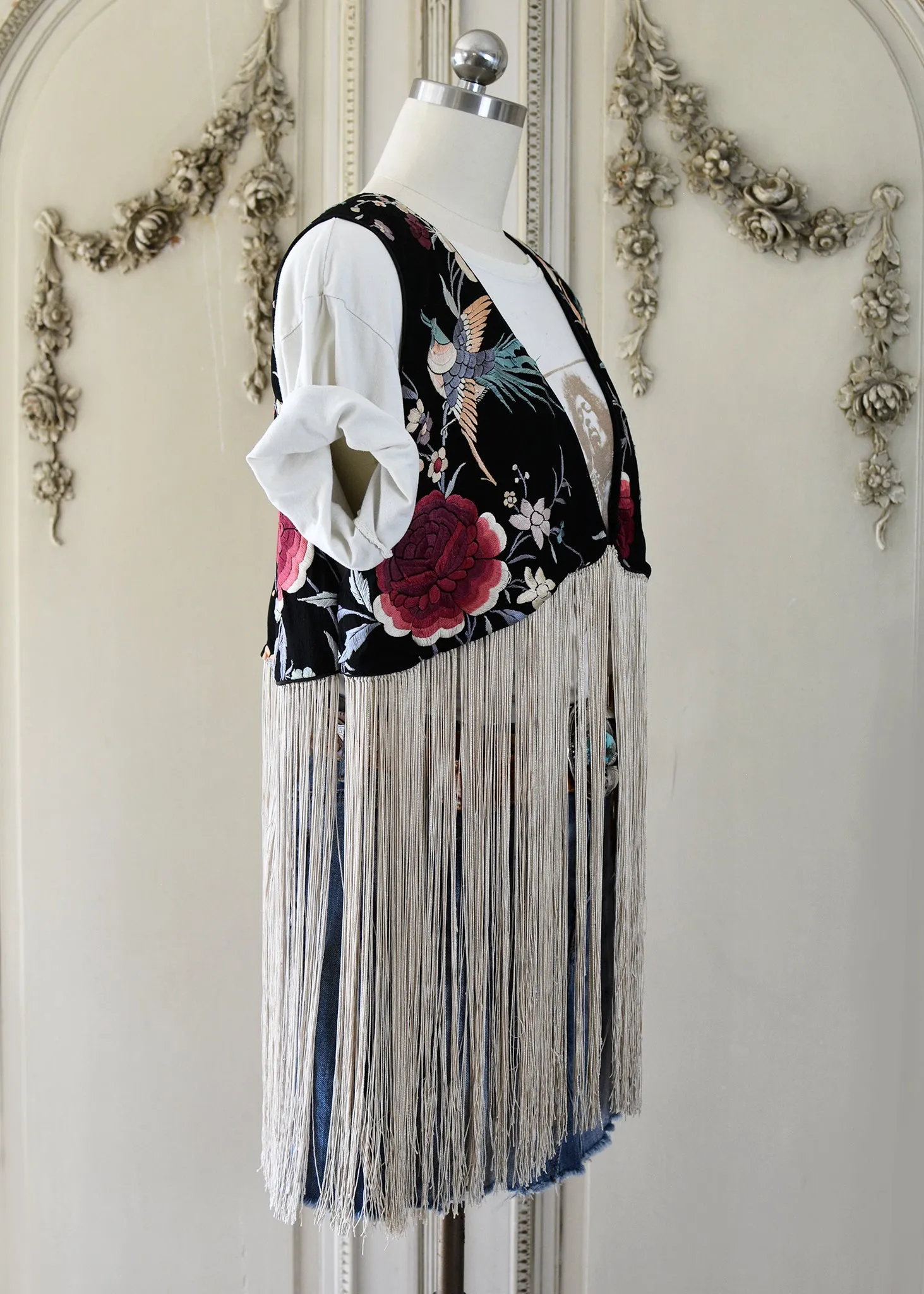 Effie Hand Embroidered Antique Silk Birds Bolero Vest with Opulent Silk Fringes