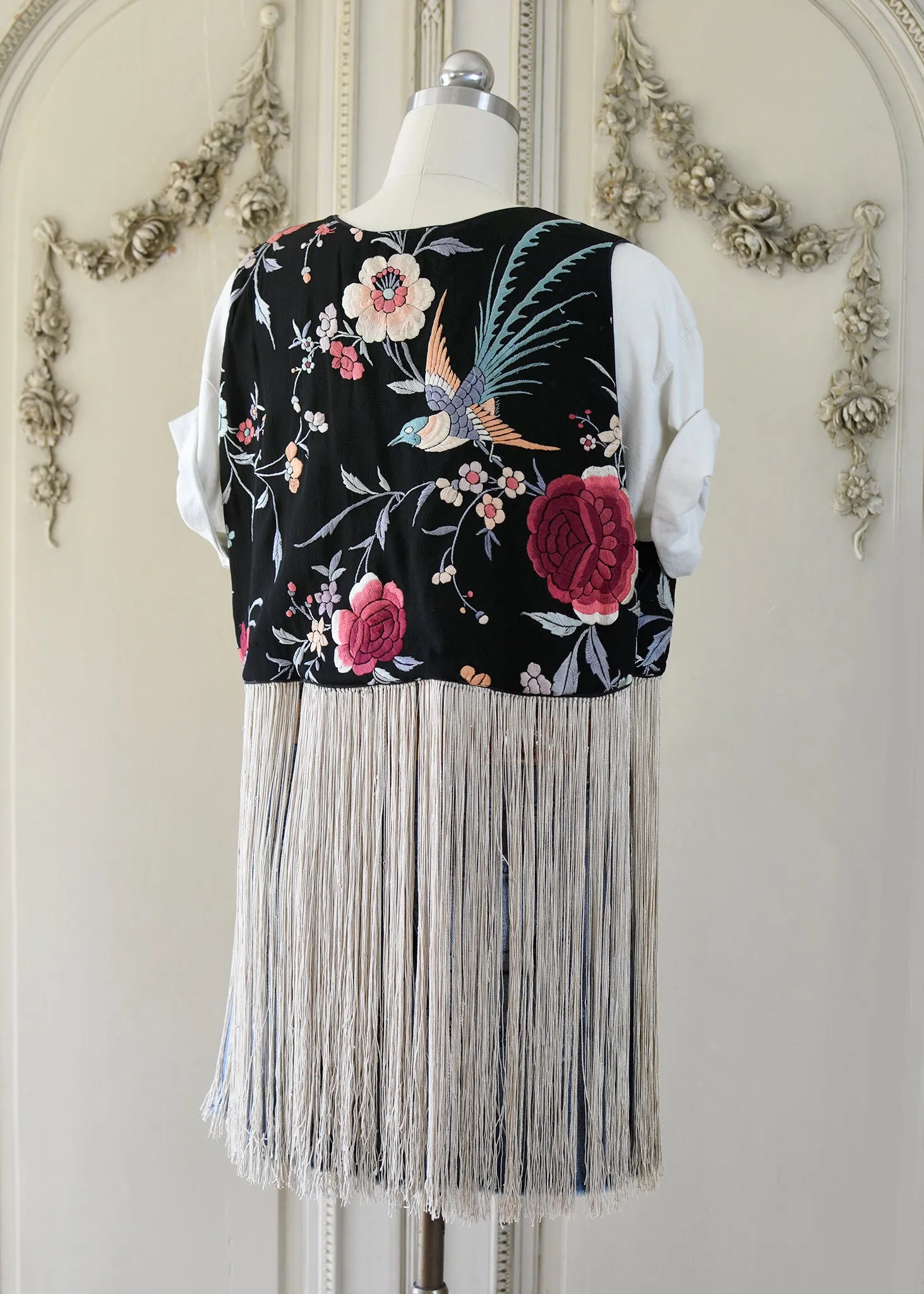 Effie Hand Embroidered Antique Silk Birds Bolero Vest with Opulent Silk Fringes
