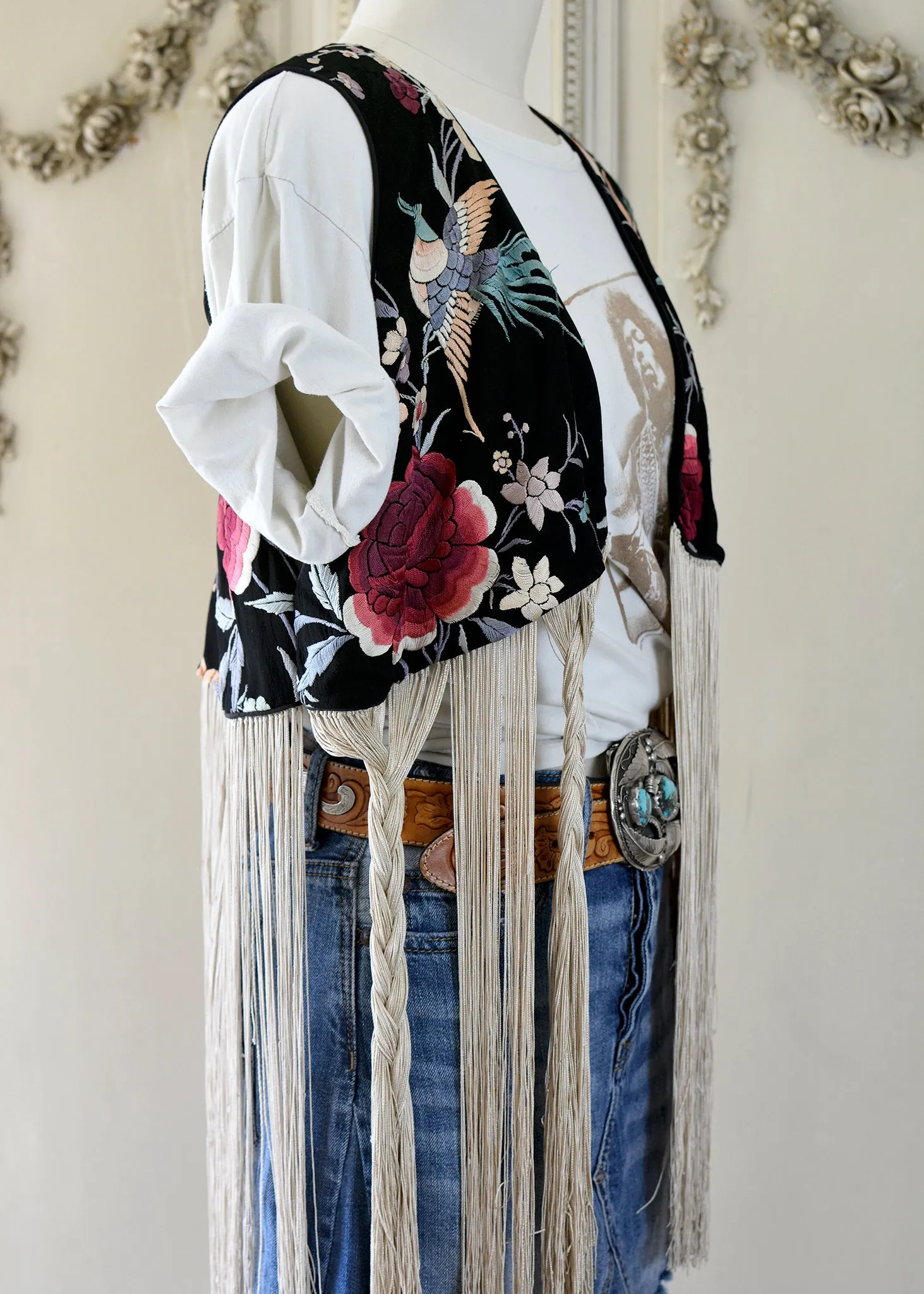 Effie Hand Embroidered Antique Silk Birds Bolero Vest with Opulent Silk Fringes