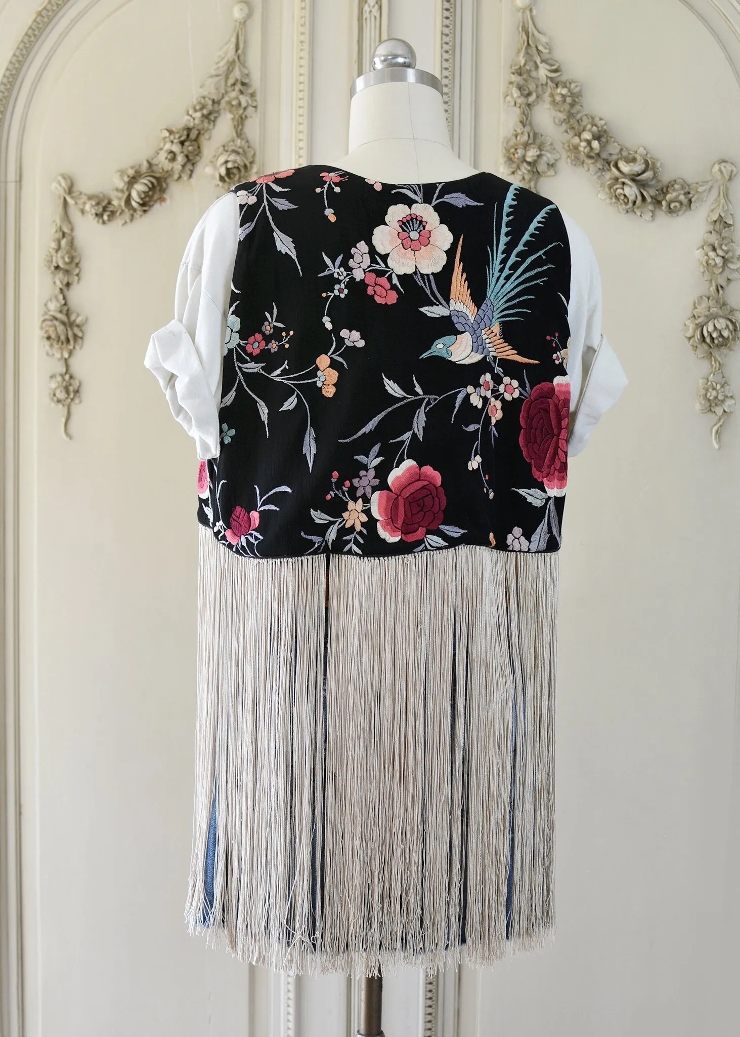Effie Hand Embroidered Antique Silk Birds Bolero Vest with Opulent Silk Fringes