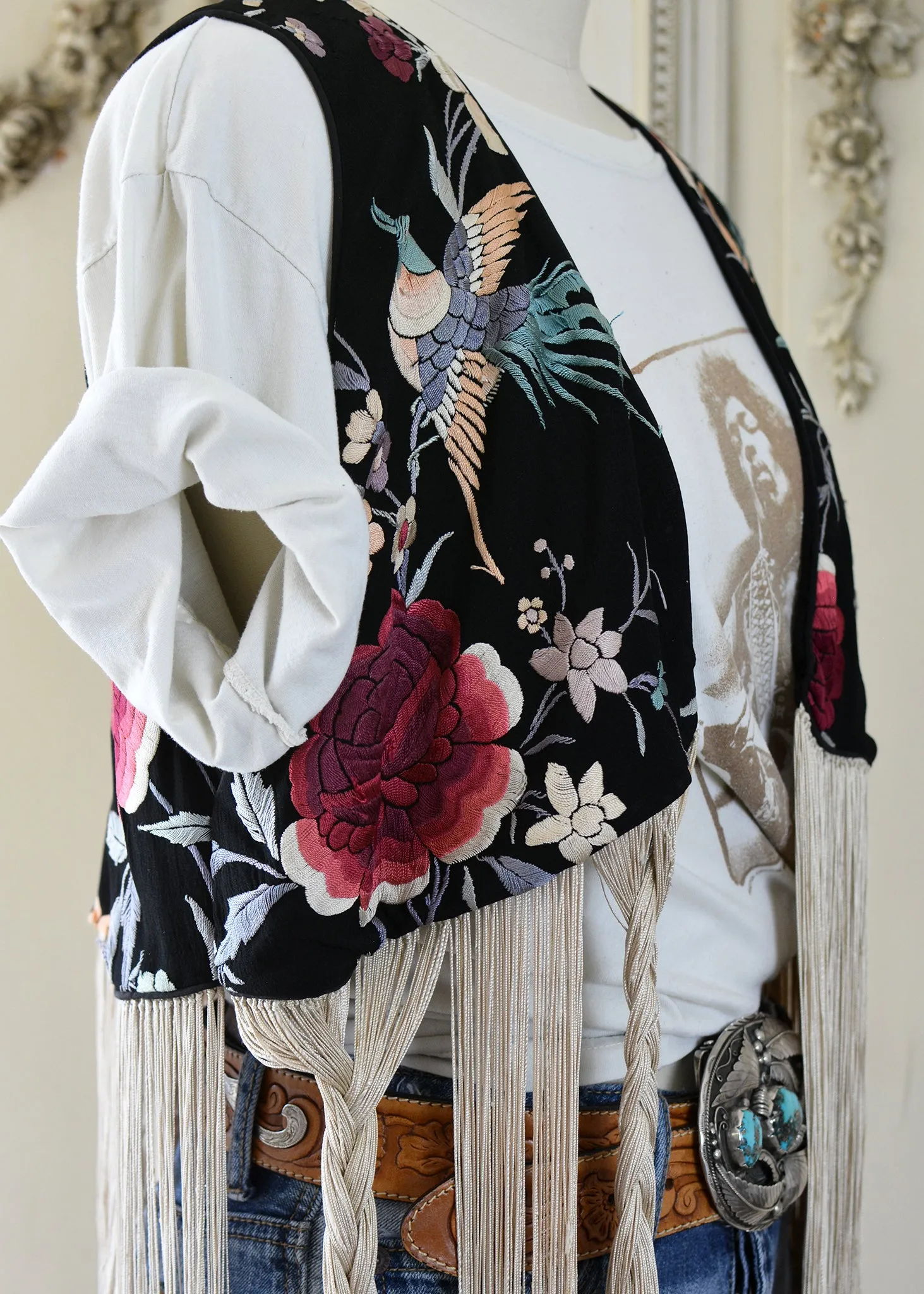Effie Hand Embroidered Antique Silk Birds Bolero Vest with Opulent Silk Fringes