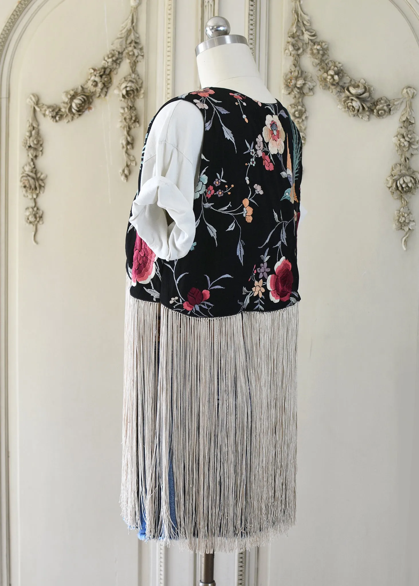 Effie Hand Embroidered Antique Silk Birds Bolero Vest with Opulent Silk Fringes