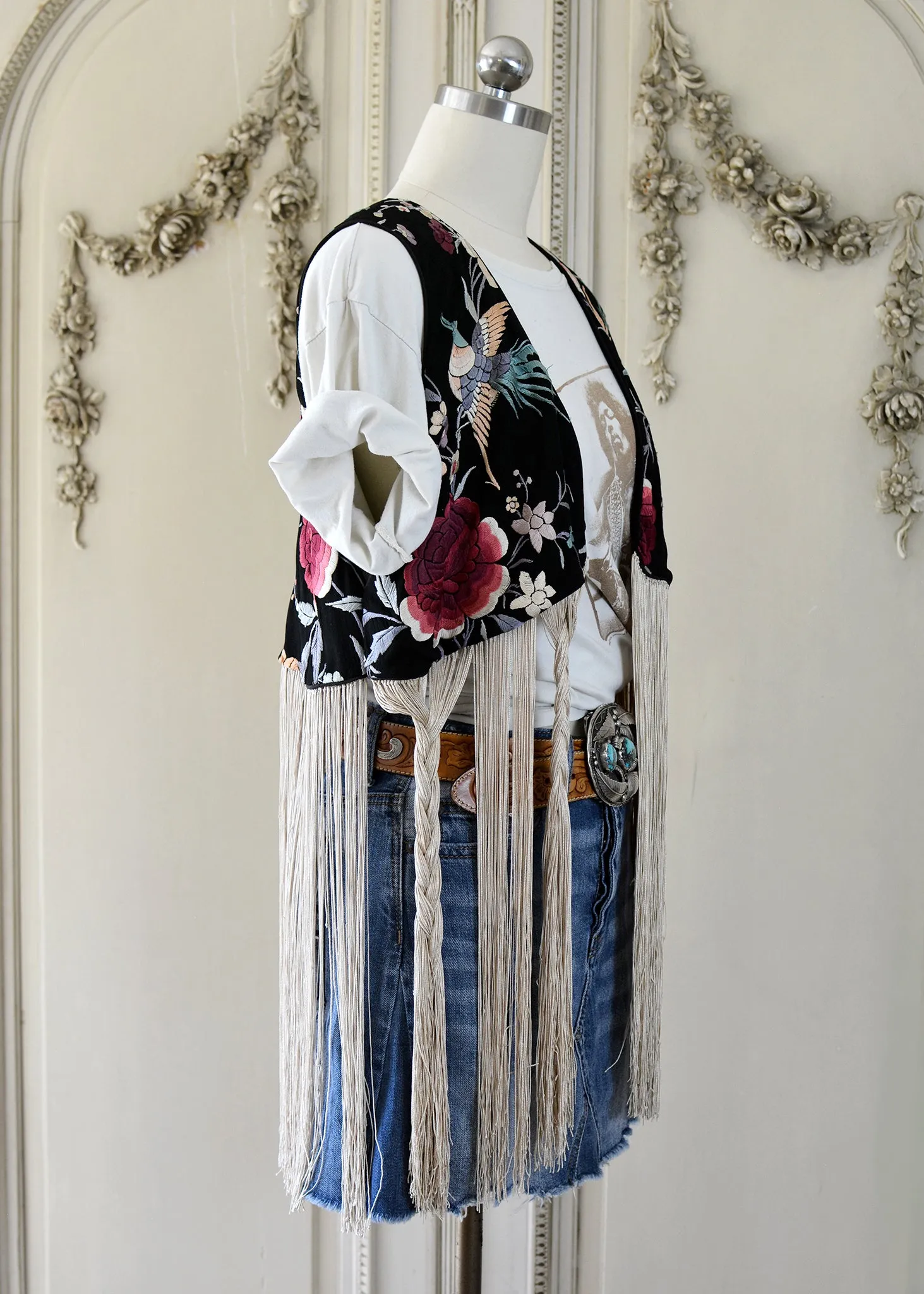 Effie Hand Embroidered Antique Silk Birds Bolero Vest with Opulent Silk Fringes