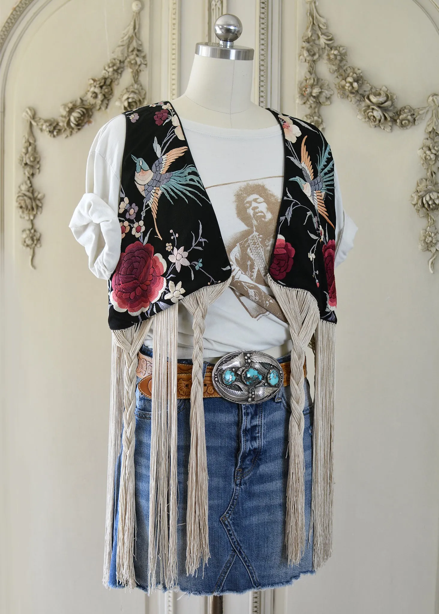 Effie Hand Embroidered Antique Silk Birds Bolero Vest with Opulent Silk Fringes