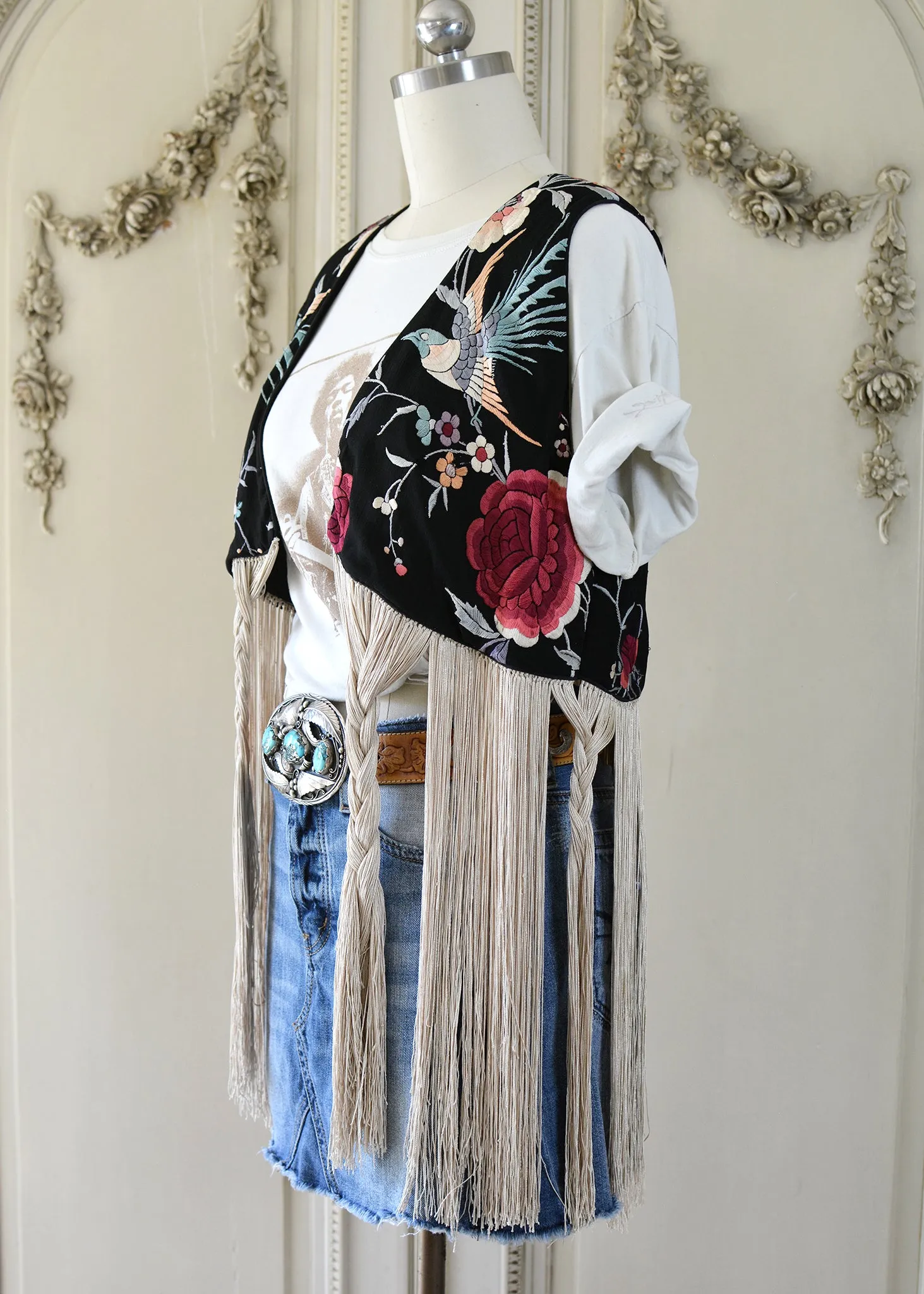 Effie Hand Embroidered Antique Silk Birds Bolero Vest with Opulent Silk Fringes