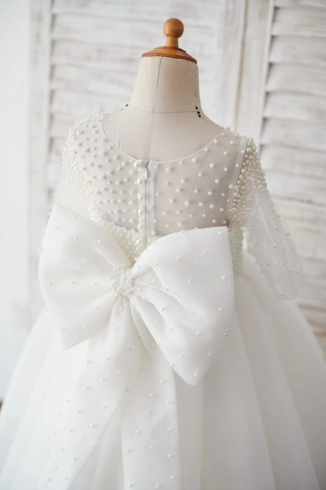 Elbow Sleeves Beaded Neoprene Tulle Wedding Flower Girl Dress, Bow
