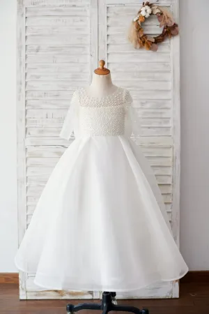 Elbow Sleeves Beaded Neoprene Tulle Wedding Flower Girl Dress, Bow