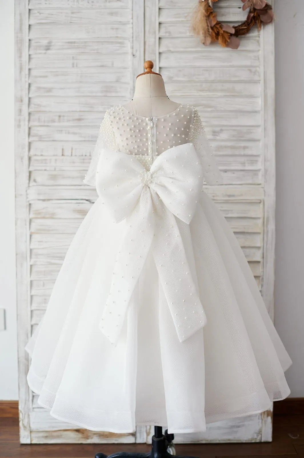 Elbow Sleeves Beaded Neoprene Tulle Wedding Flower Girl Dress, Bow