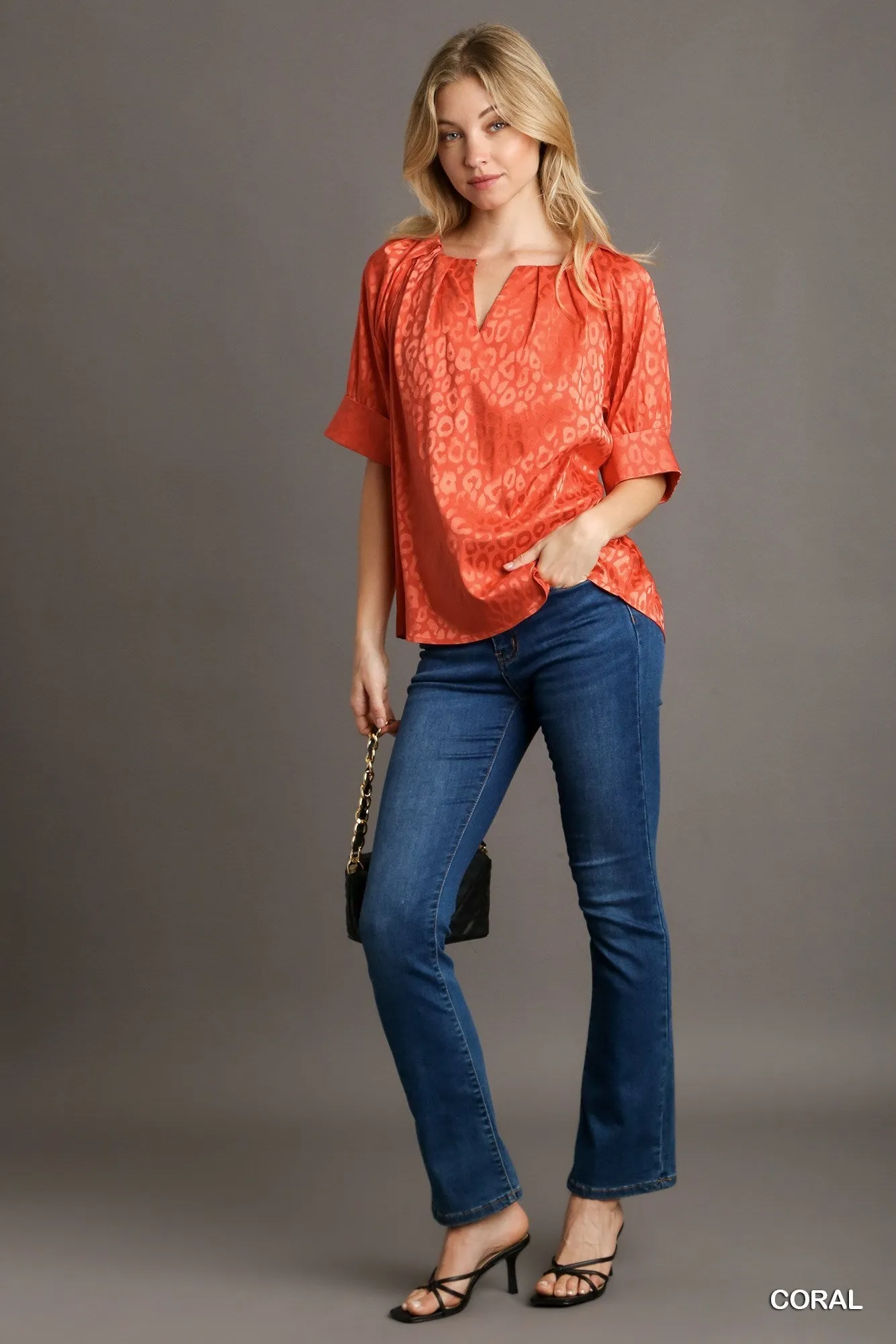Ella Satin Animal Jacquard Split Neck Top In Coral