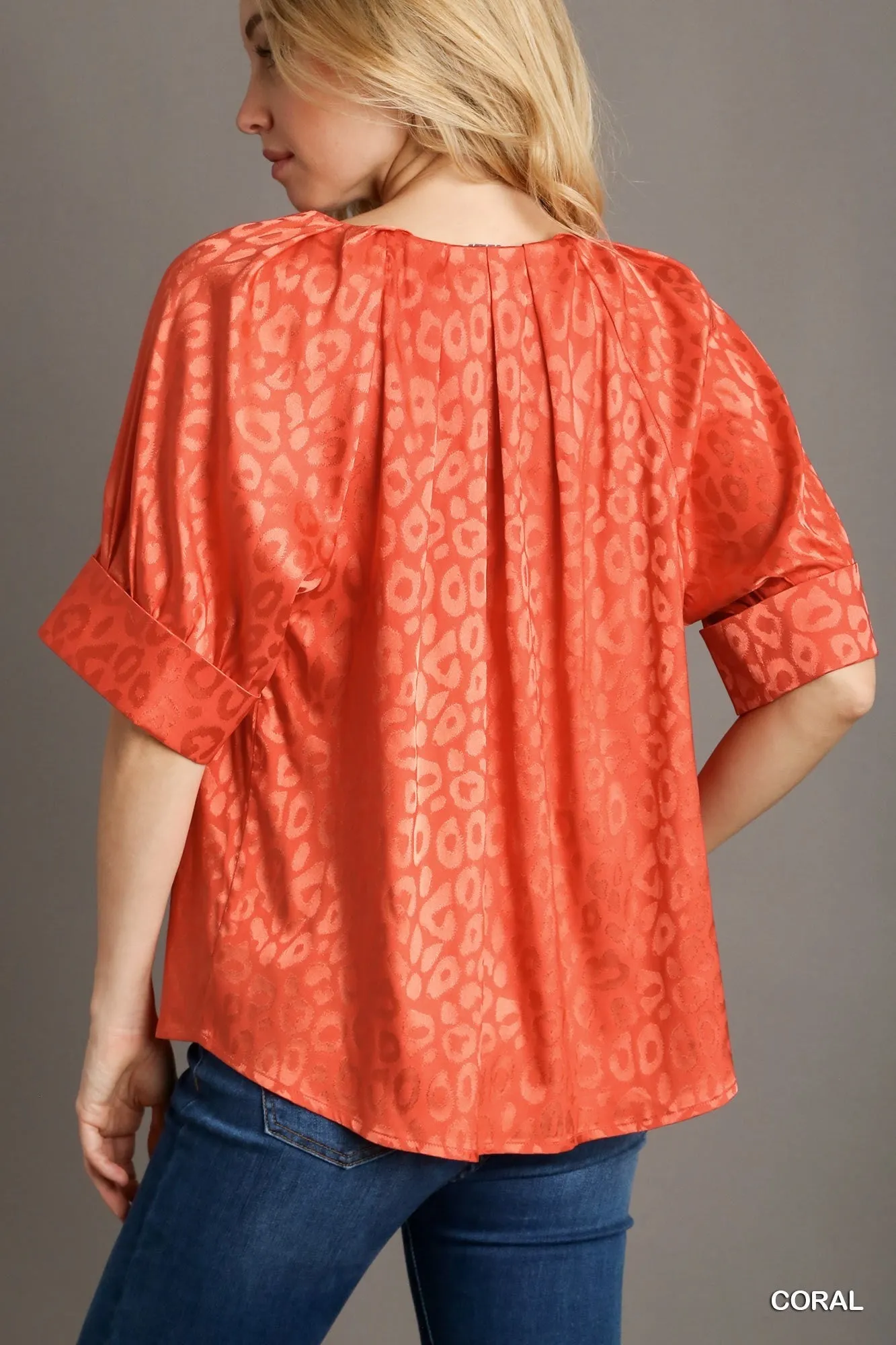 Ella Satin Animal Jacquard Split Neck Top In Coral