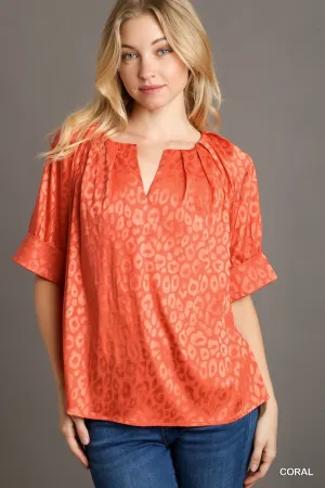 Ella Satin Animal Jacquard Split Neck Top In Coral
