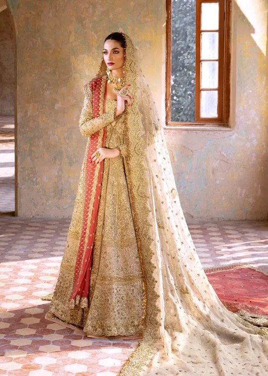 Embellished Gold Pakistani Bridal Dress in Wedding Lehenga Gown and Double Dupattas Style