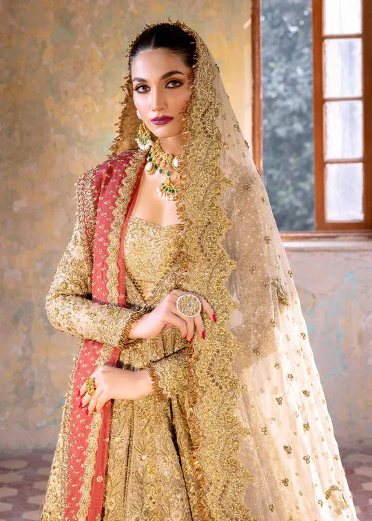 Embellished Gold Pakistani Bridal Dress in Wedding Lehenga Gown and Double Dupattas Style