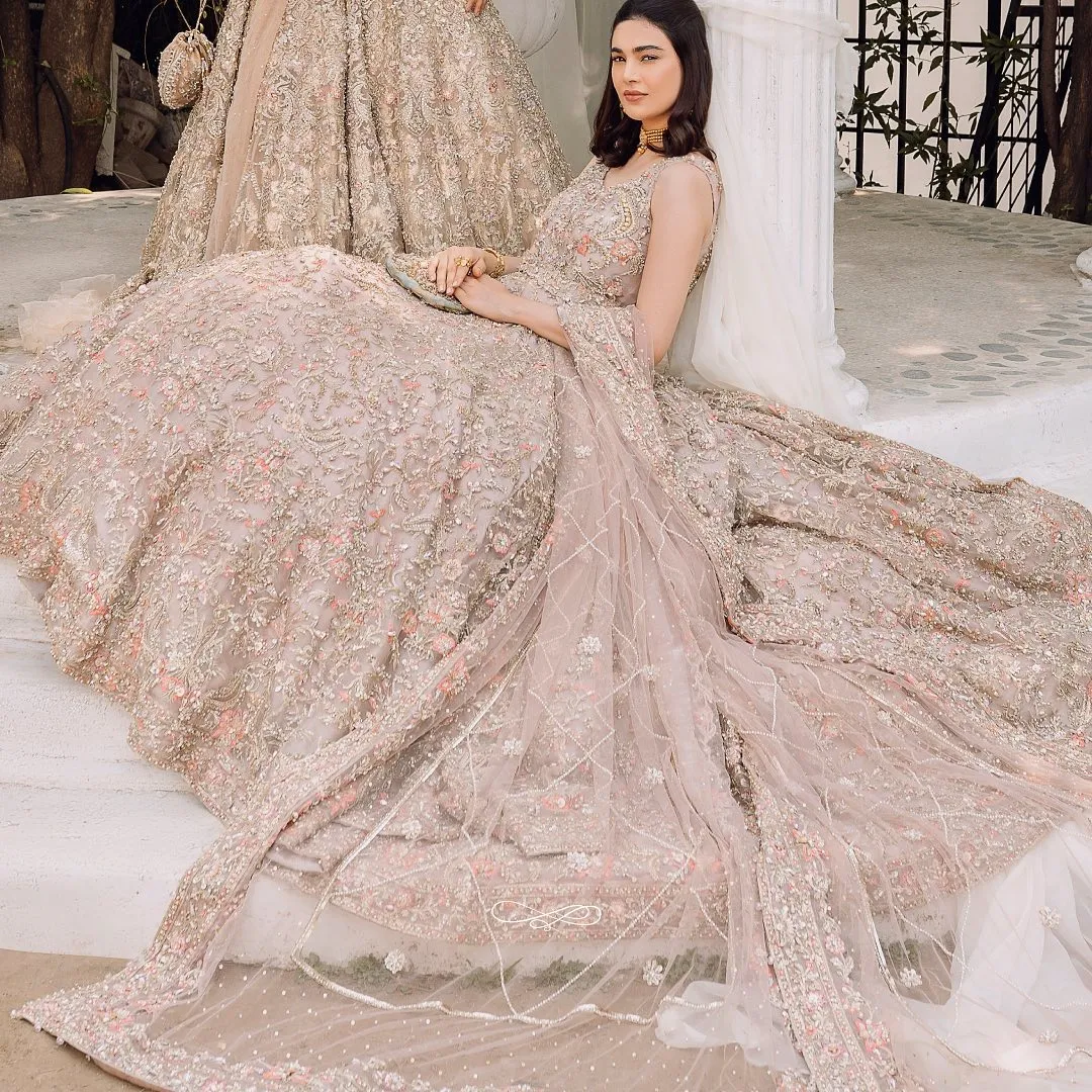 Embellished Indian Bridal Wear Peach Pink Lehenga Frock