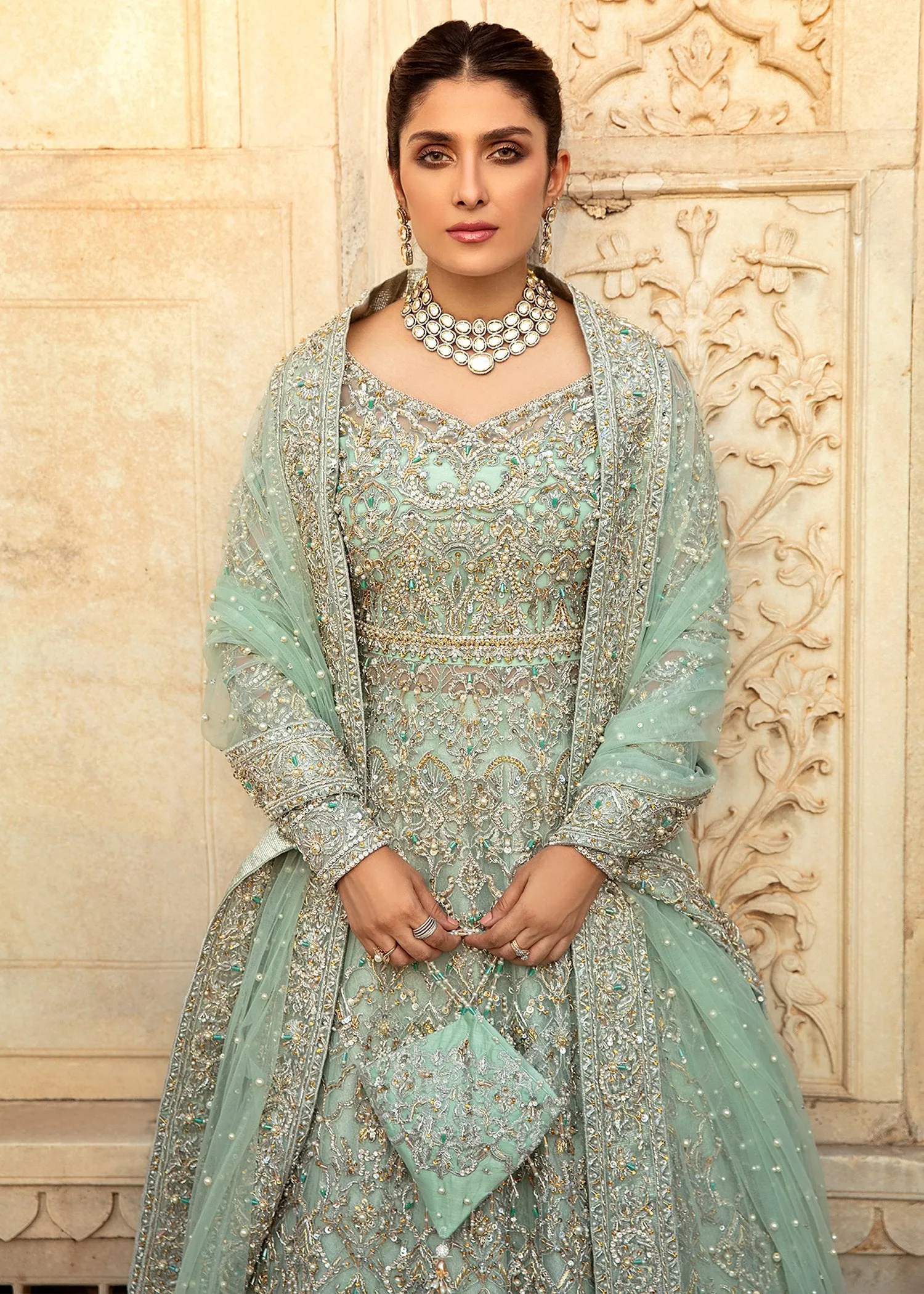 Embellished Pakistani Bridal Dress in Handworked Net Gown and Dupatta with Jamawar Lehenga in Mint Blue Color #BS636