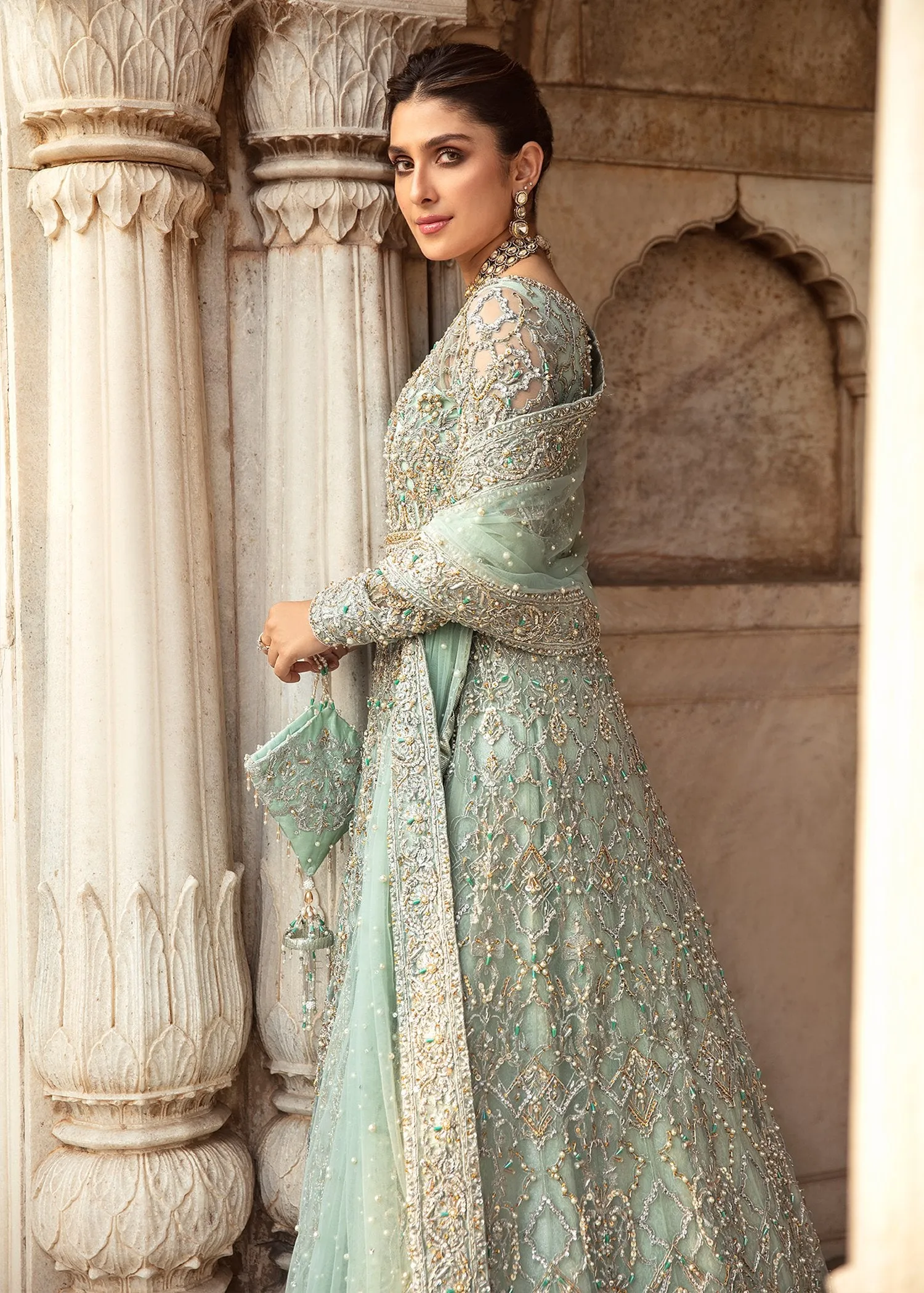 Embellished Pakistani Bridal Dress in Handworked Net Gown and Dupatta with Jamawar Lehenga in Mint Blue Color #BS636