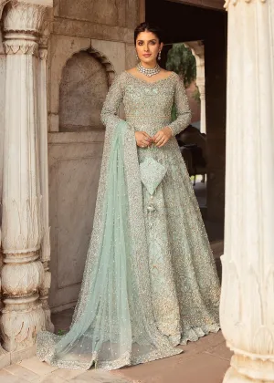 Embellished Pakistani Bridal Dress in Handworked Net Gown and Dupatta with Jamawar Lehenga in Mint Blue Color #BS636