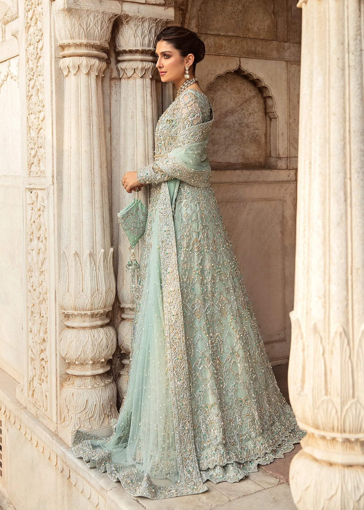 Embellished Pakistani Bridal Dress in Handworked Net Gown and Dupatta with Jamawar Lehenga in Mint Blue Color #BS636