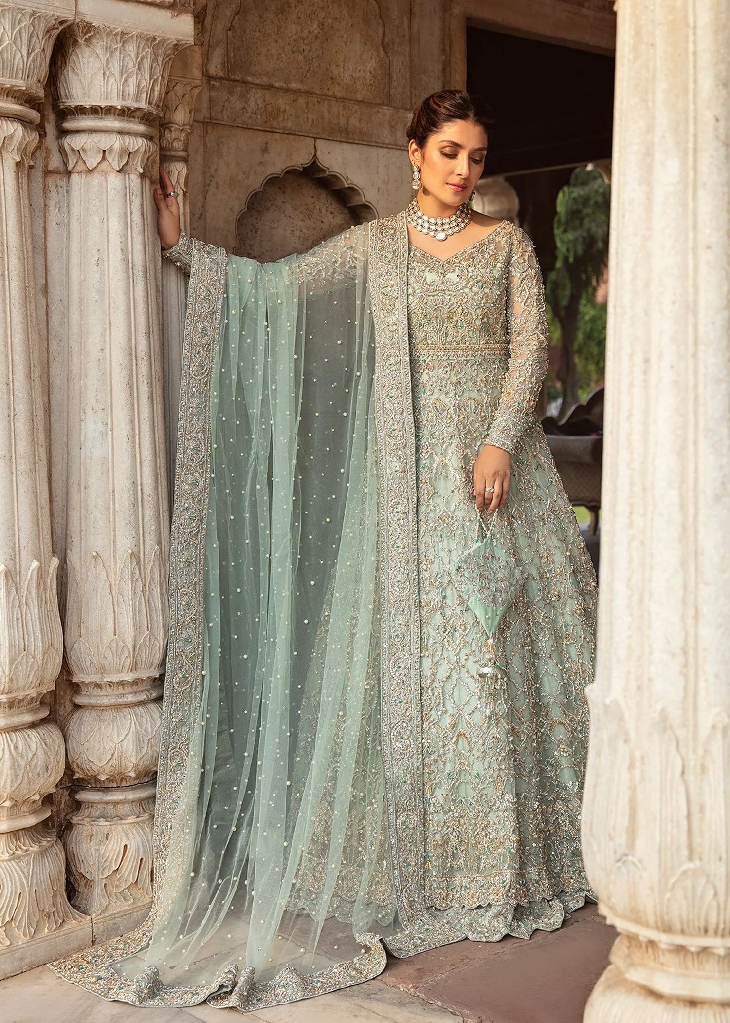 Embellished Pakistani Bridal Dress in Handworked Net Gown and Dupatta with Jamawar Lehenga in Mint Blue Color #BS636