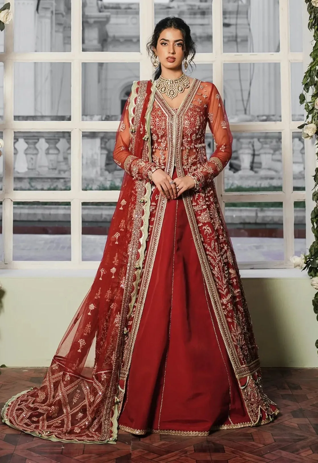 Embellished Red Pakistani Bridal Dress in Gown Style