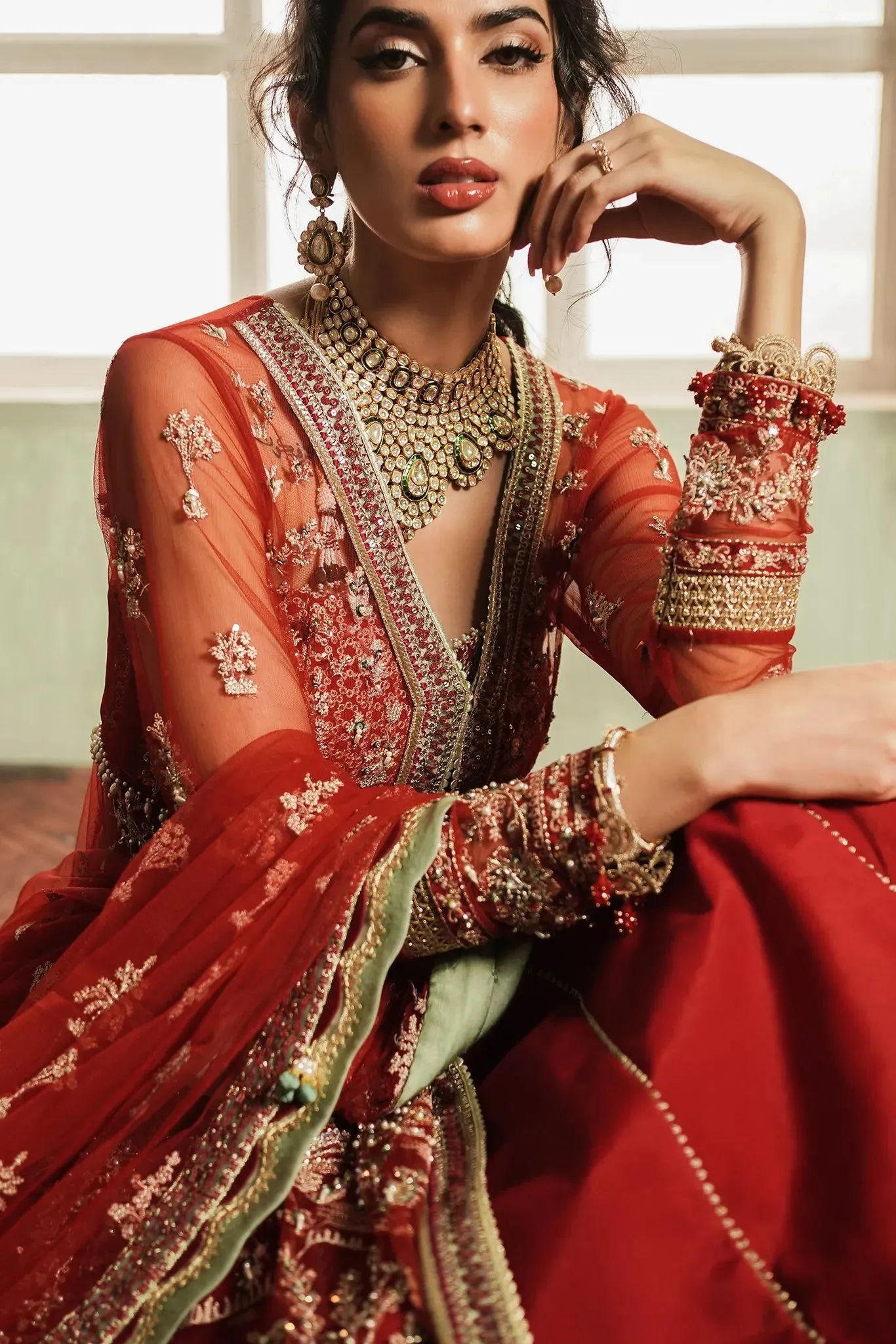 Embellished Red Pakistani Bridal Dress in Gown Style