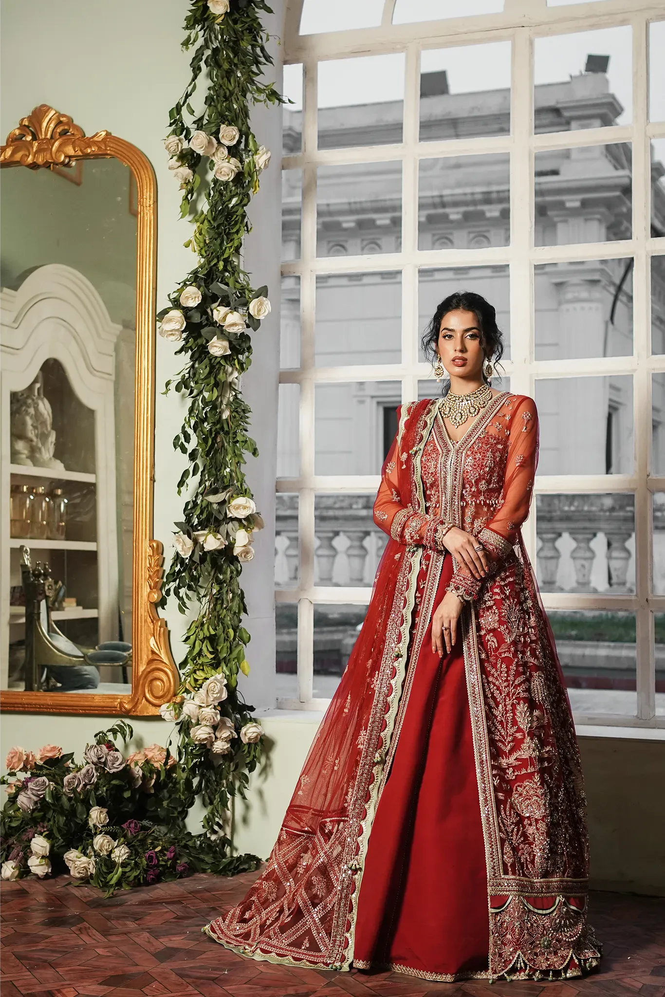 Embellished Red Pakistani Bridal Dress in Gown Style