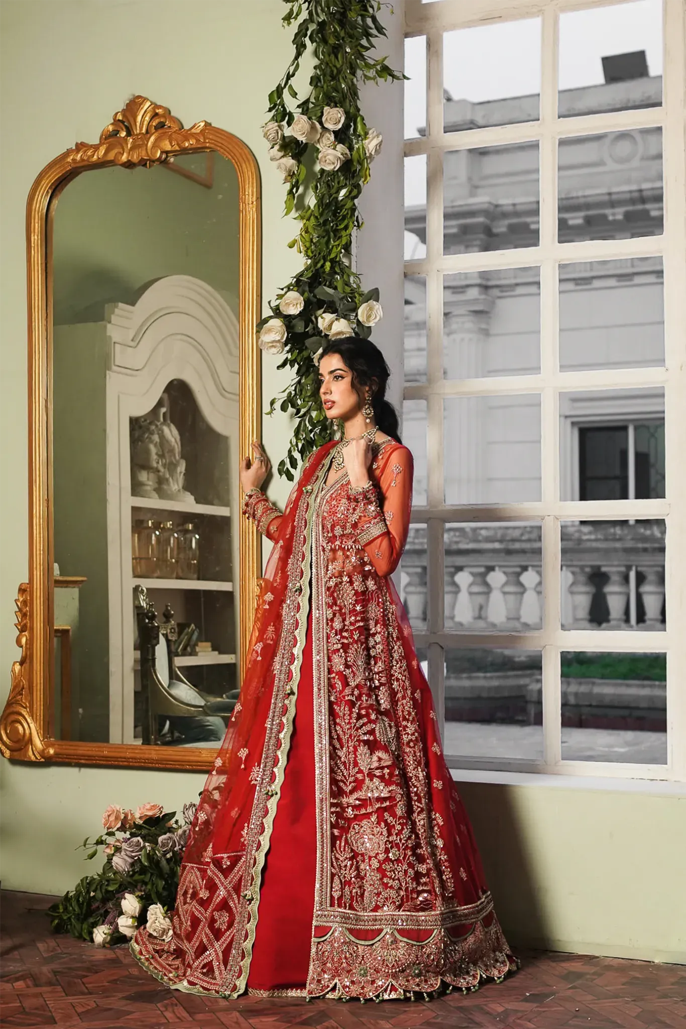 Embellished Red Pakistani Bridal Dress in Gown Style