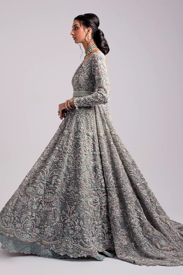 Embroidered Bridal Lehenga with Long Tail Organza Pakistani Wedding Gown and Dupatta Dress