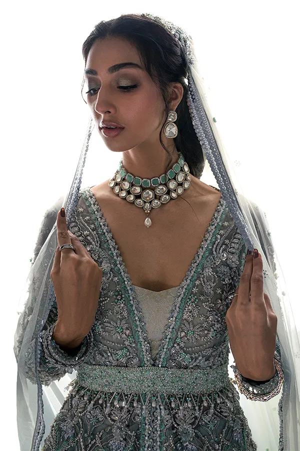 Embroidered Bridal Lehenga with Long Tail Organza Pakistani Wedding Gown and Dupatta Dress