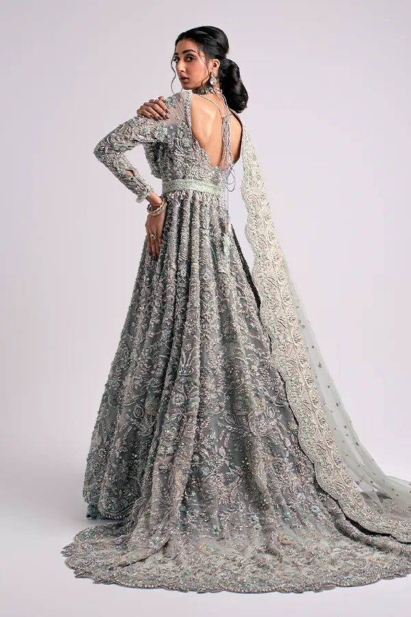Embroidered Bridal Lehenga with Long Tail Organza Pakistani Wedding Gown and Dupatta Dress