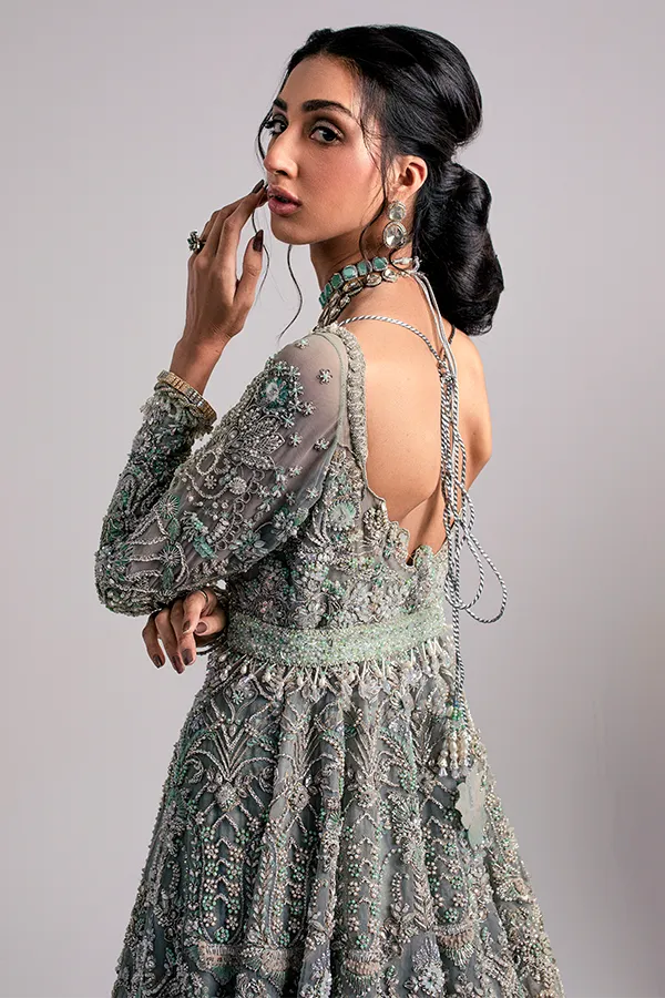Embroidered Bridal Lehenga with Long Tail Organza Pakistani Wedding Gown and Dupatta Dress