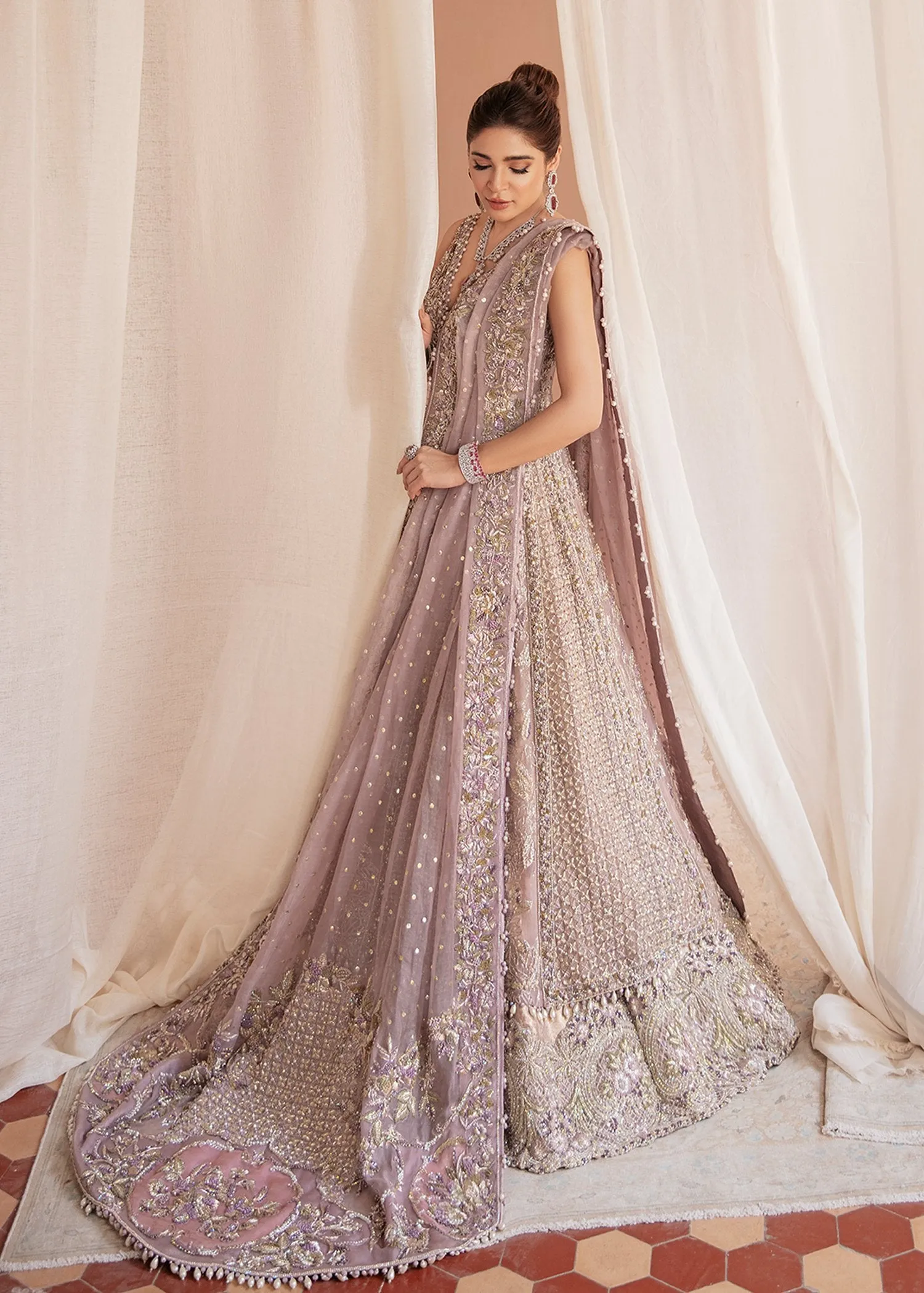 Embroidered Designer Pakistani Bridal Dress in Heavily Embroidered Traditional Bridal Lilac Lehenga in Zardozi Embellished Gown #BN919