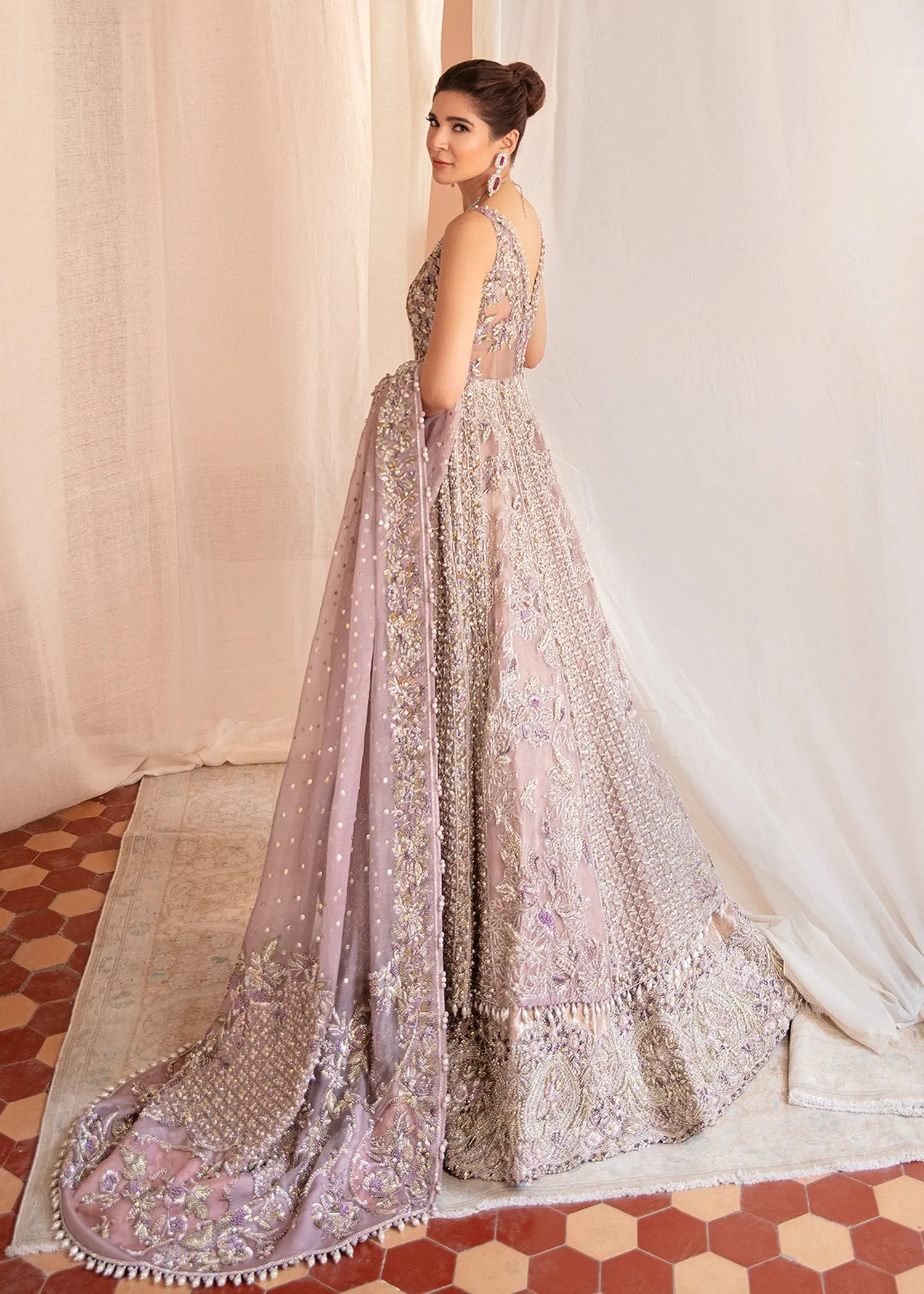Embroidered Designer Pakistani Bridal Dress in Heavily Embroidered Traditional Bridal Lilac Lehenga in Zardozi Embellished Gown #BN919