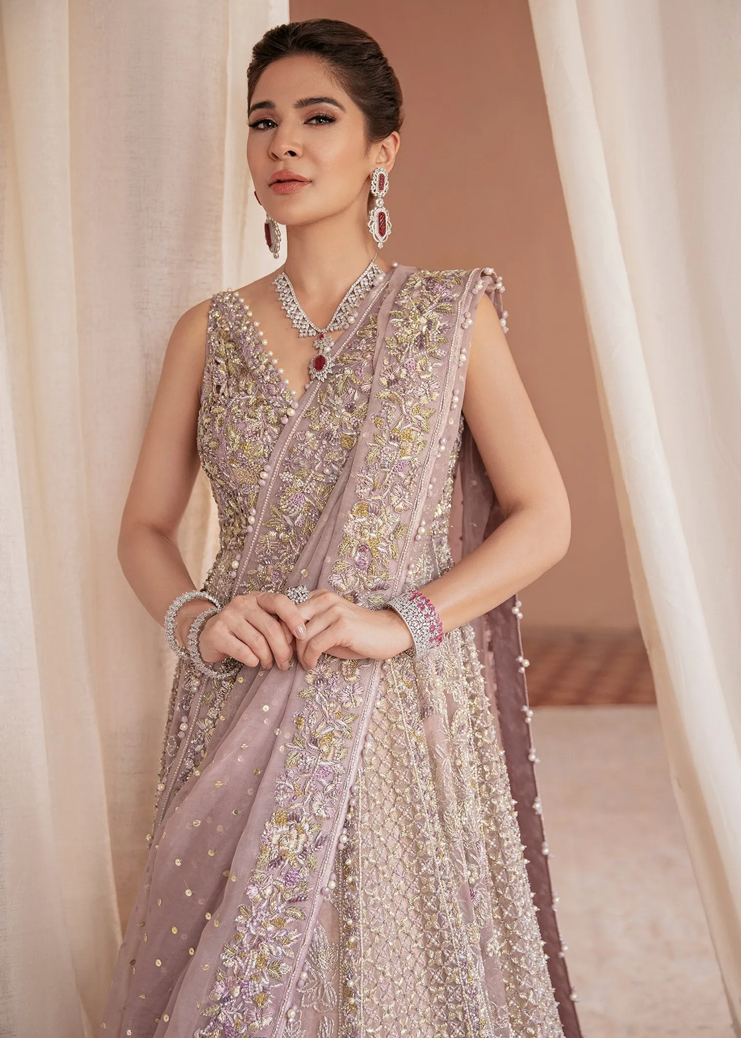 Embroidered Designer Pakistani Bridal Dress in Heavily Embroidered Traditional Bridal Lilac Lehenga in Zardozi Embellished Gown #BN919
