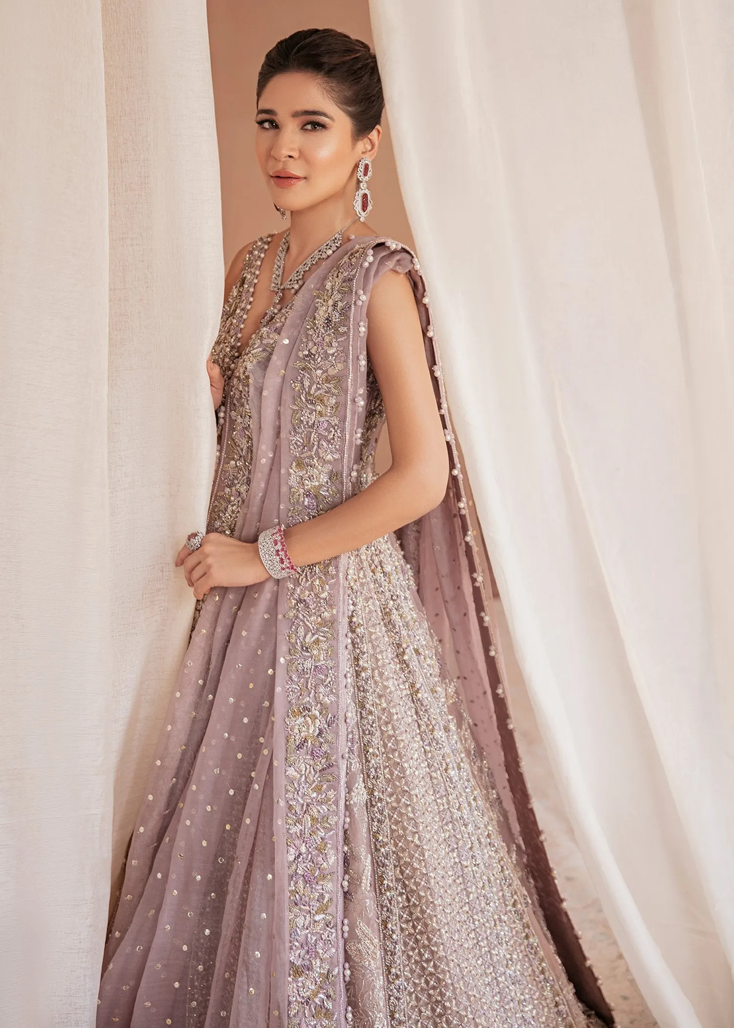 Embroidered Designer Pakistani Bridal Dress in Heavily Embroidered Traditional Bridal Lilac Lehenga in Zardozi Embellished Gown #BN919