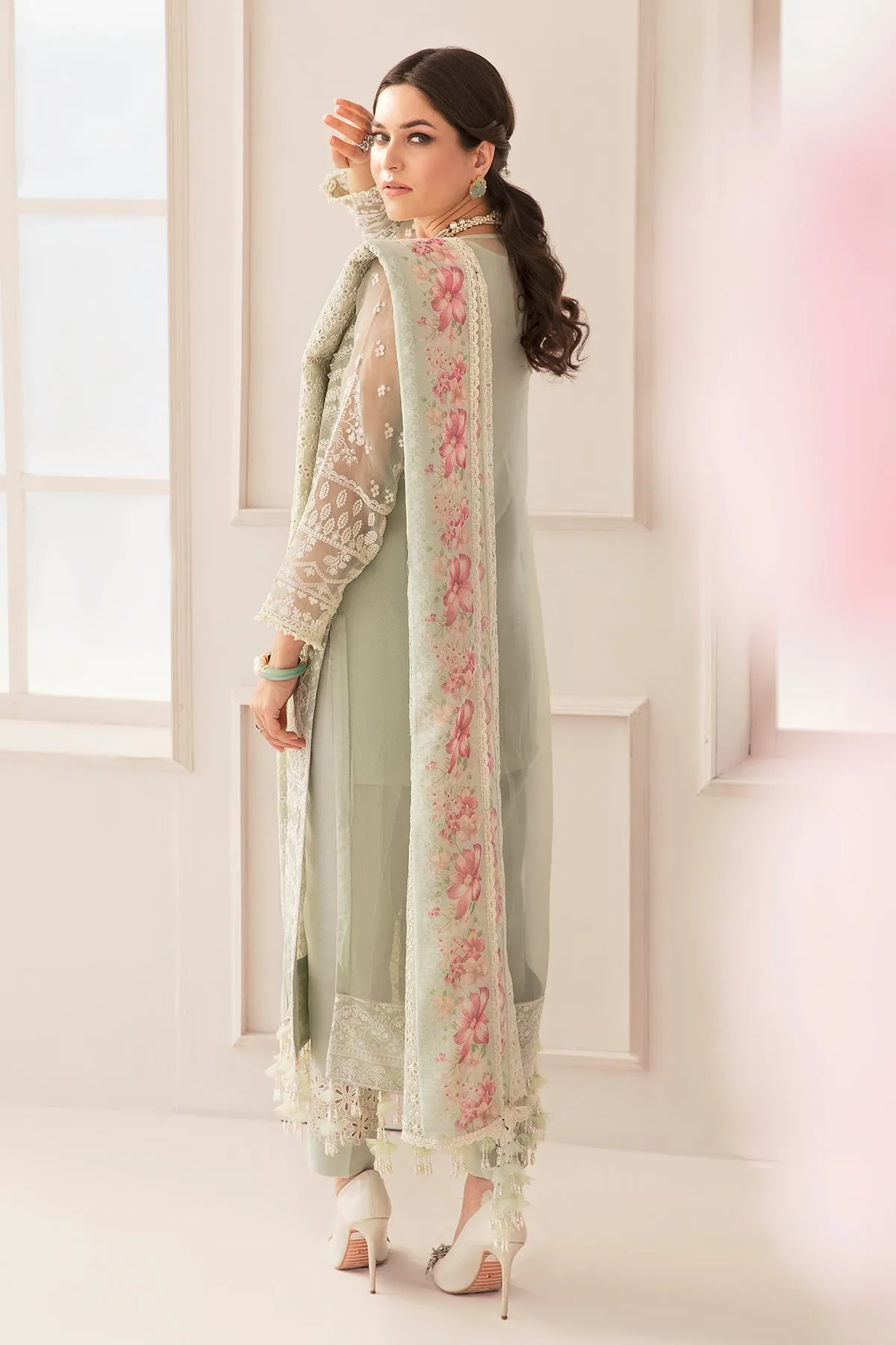 Embroidered Green Pakistani Party Dress in Chiffon