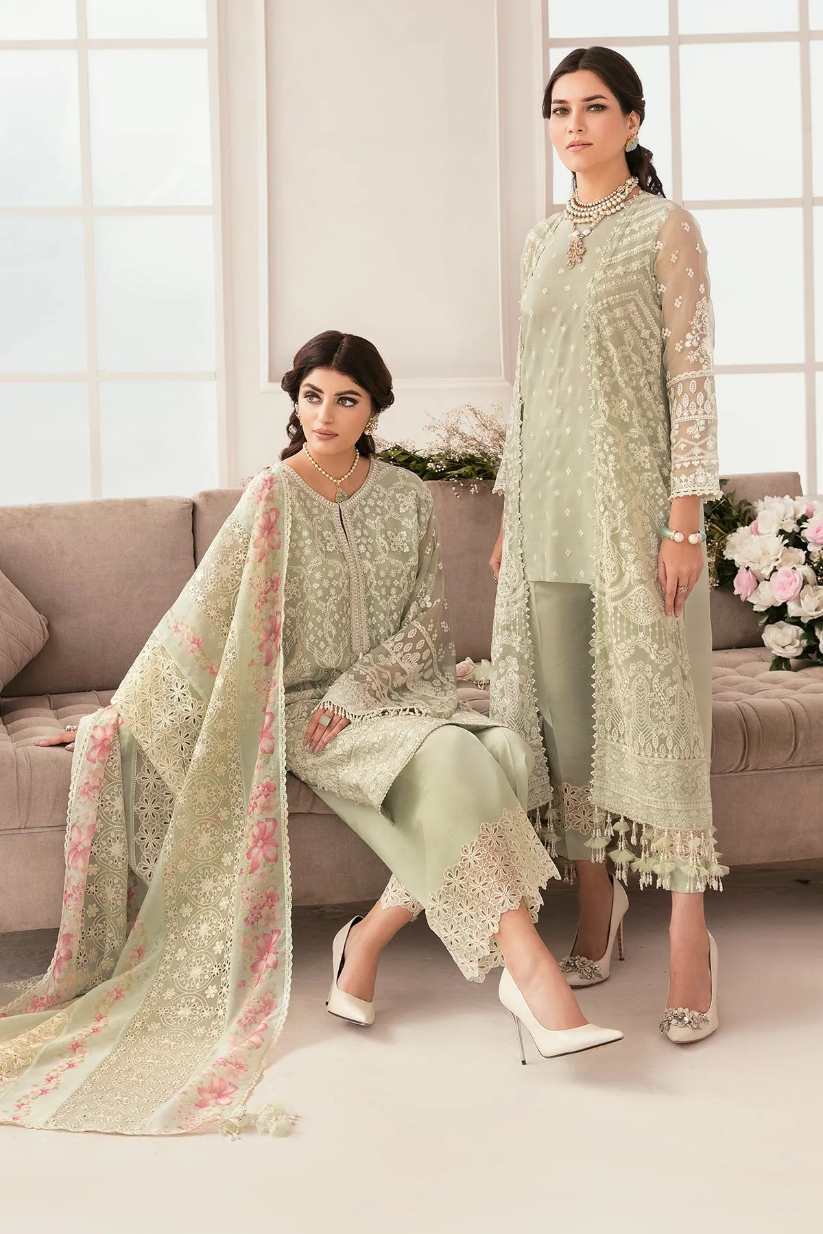 Embroidered Green Pakistani Party Dress in Chiffon