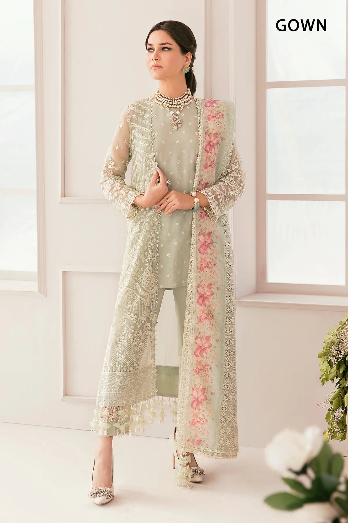 Embroidered Green Pakistani Party Dress in Chiffon