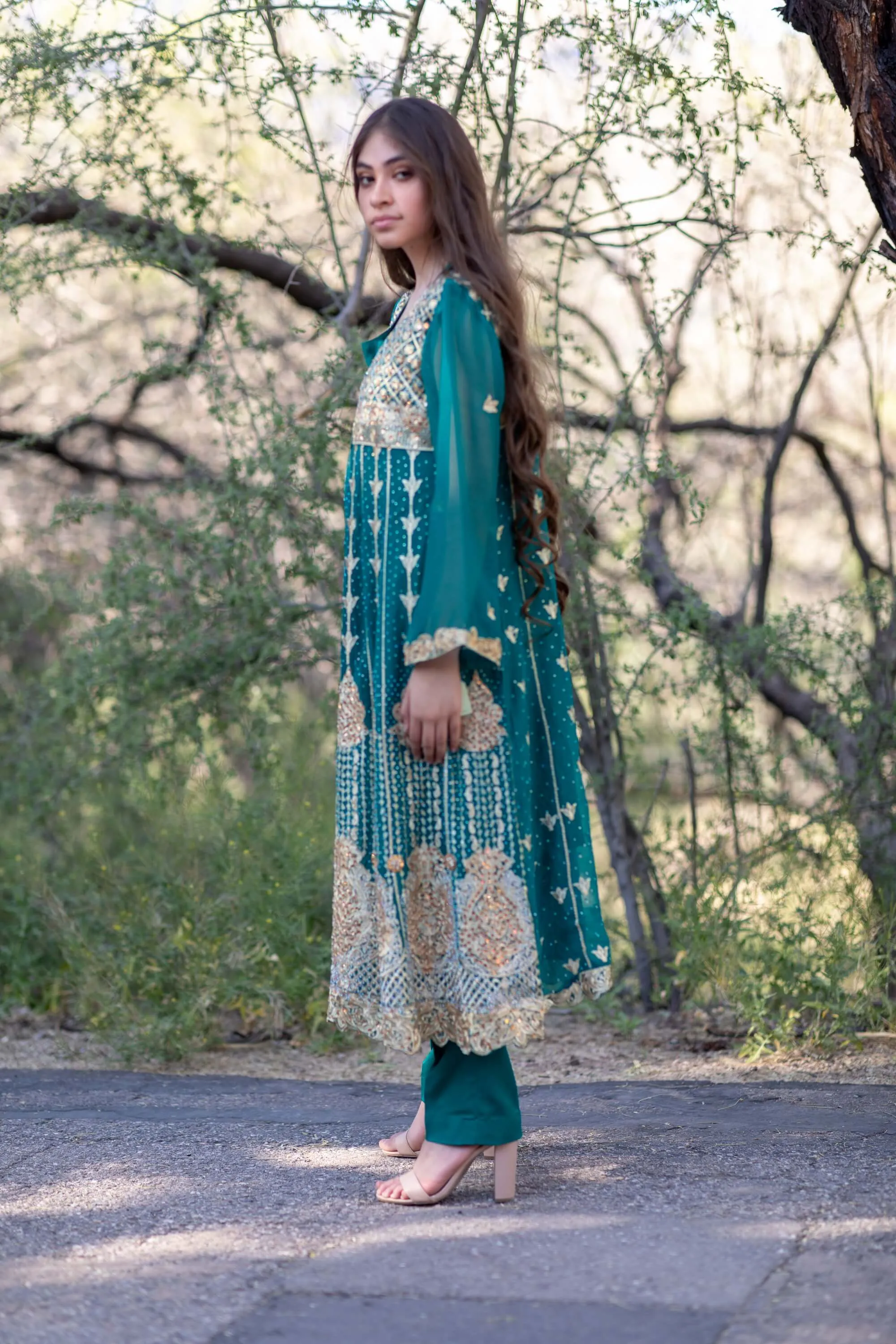 Emerald Green Beaded Embroidery Anarkali Chiffon Gown